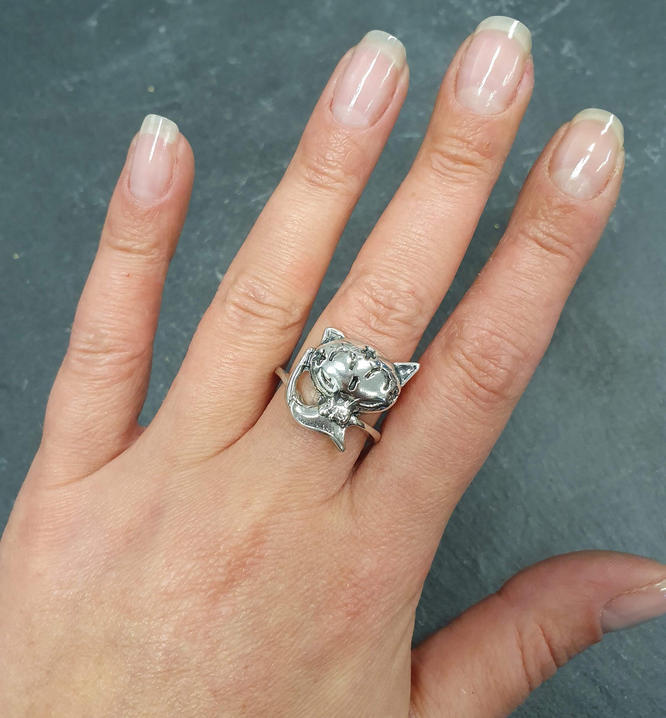Happy Cat Ring, Solid Silver Ring, Silver Cat Ring, Magic Cat Ring, Kitten Ring, Large Cat Ring, Statement Ring, Merlin Cat Ring, Kitty Ring