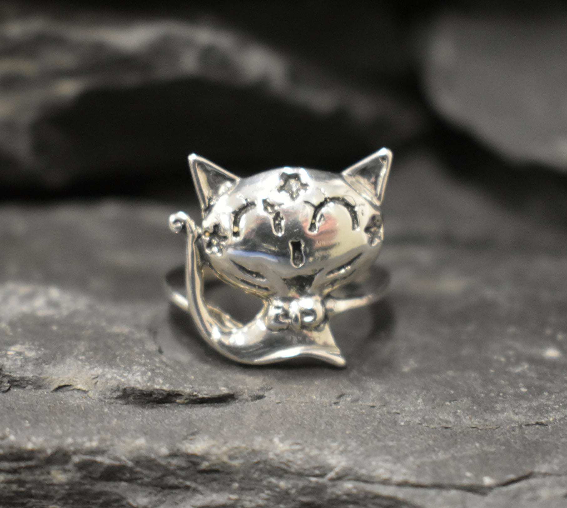 Happy Cat Ring, Solid Silver Ring, Silver Cat Ring, Magic Cat Ring, Kitten Ring, Large Cat Ring, Statement Ring, Merlin Cat Ring, Kitty Ring