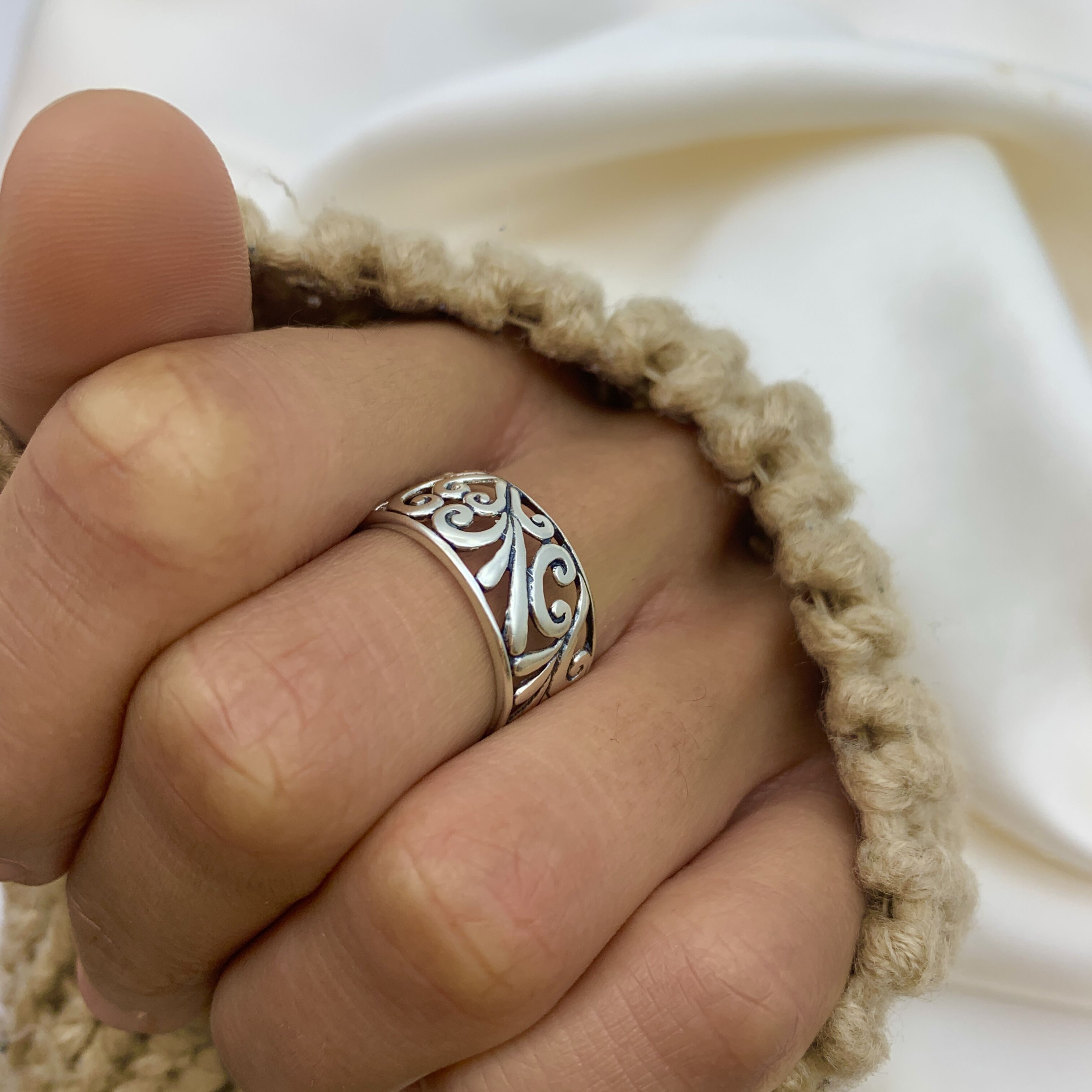 Ornament Band, Silver Leaf Ring, Filigree Band, Heart Band, Wide Silver Ring, Sturdy Silver Ring, Solid Silver Ring, Sterling Silver Band