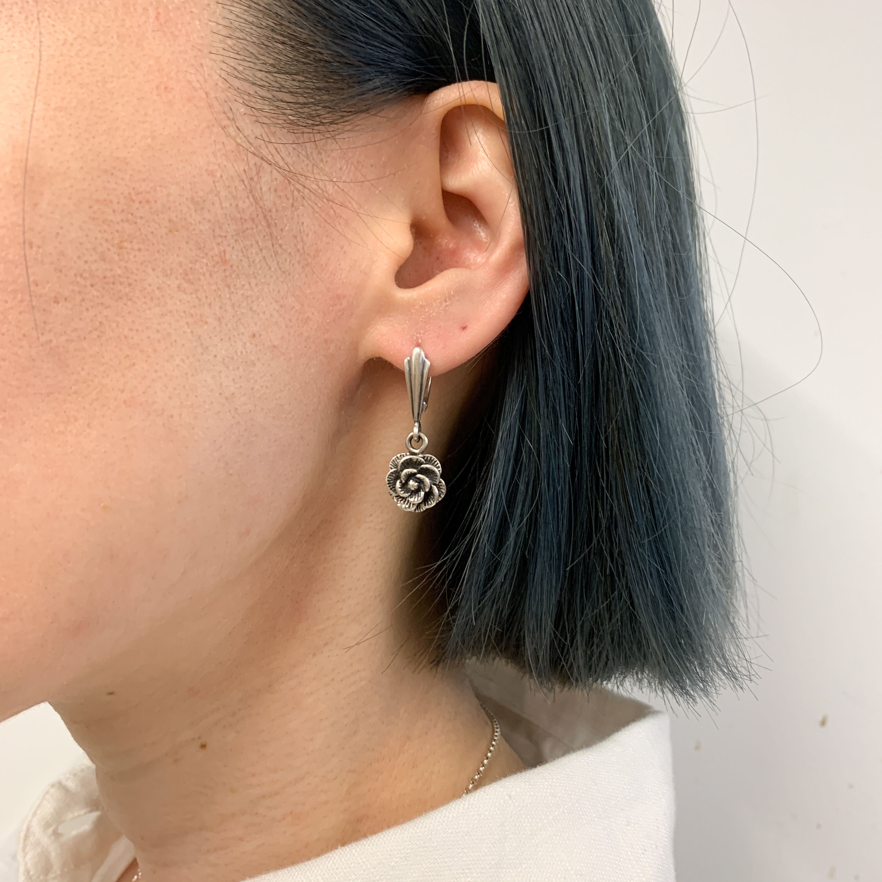 Silver Flower Earrings, Rose Earrings, Dangling Earrings, Dainty Earrings, Vintage Earrings, Solid Silver Earrings, 925 Silver Earrings