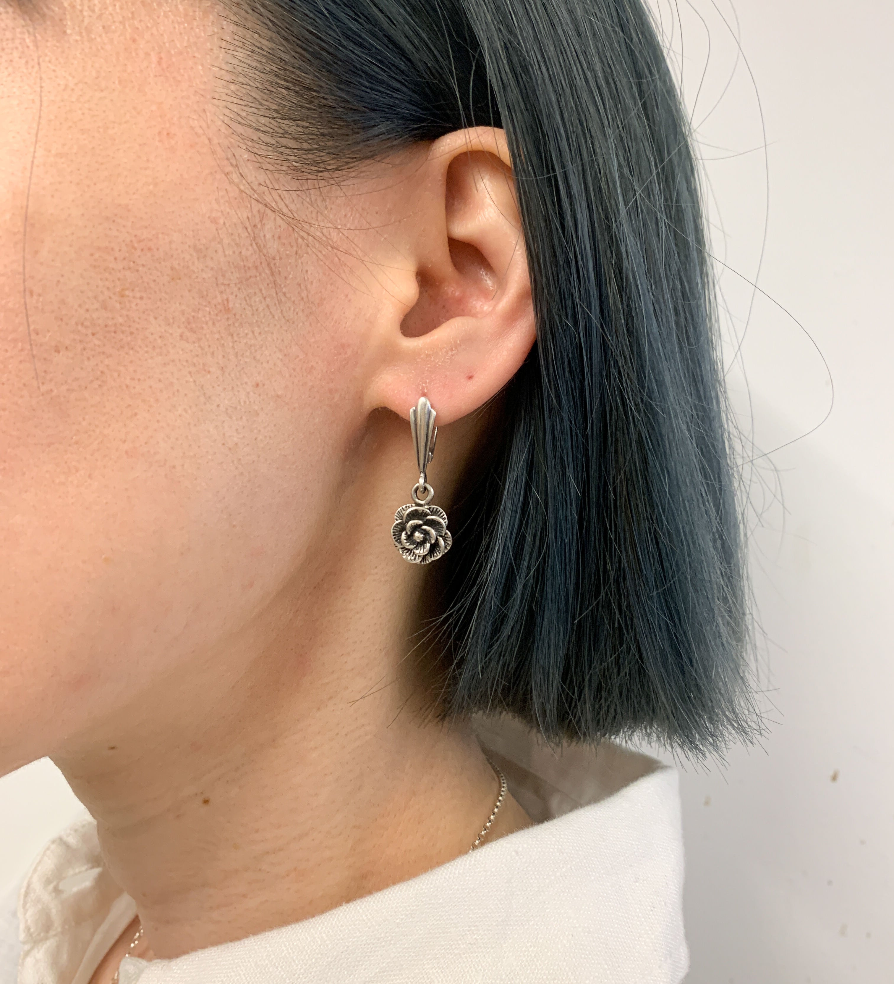 Silver Flower Earrings, Rose Earrings, Dangling Earrings, Dainty Earrings, Vintage Earrings, Solid Silver Earrings, 925 Silver Earrings