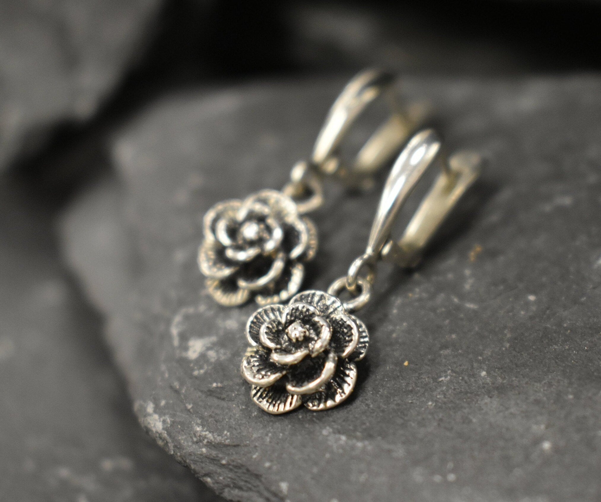 Silver Flower Earrings, Rose Earrings, Dangling Earrings, Dainty Earrings, Vintage Earrings, Solid Silver Earrings, 925 Silver Earrings