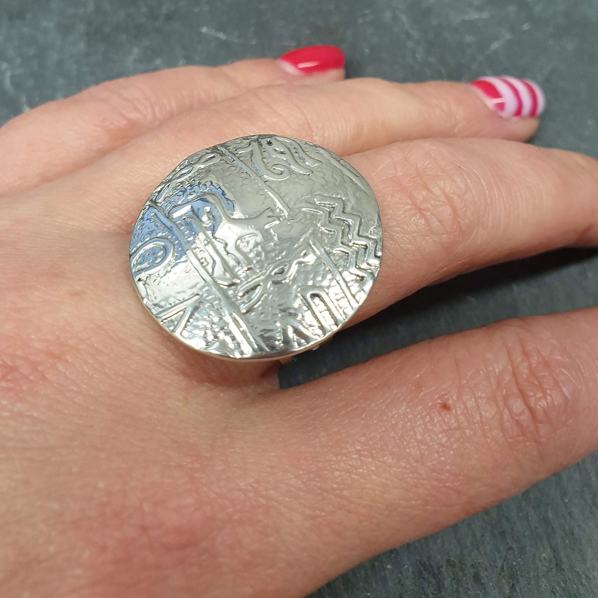 Hieroglyphic Ring, Egyptian Ring, Anubis Ring, Large Round Ring, Solid Silver Ring, Statement Ring, Symbolic Ring, Sterling Silver Ring
