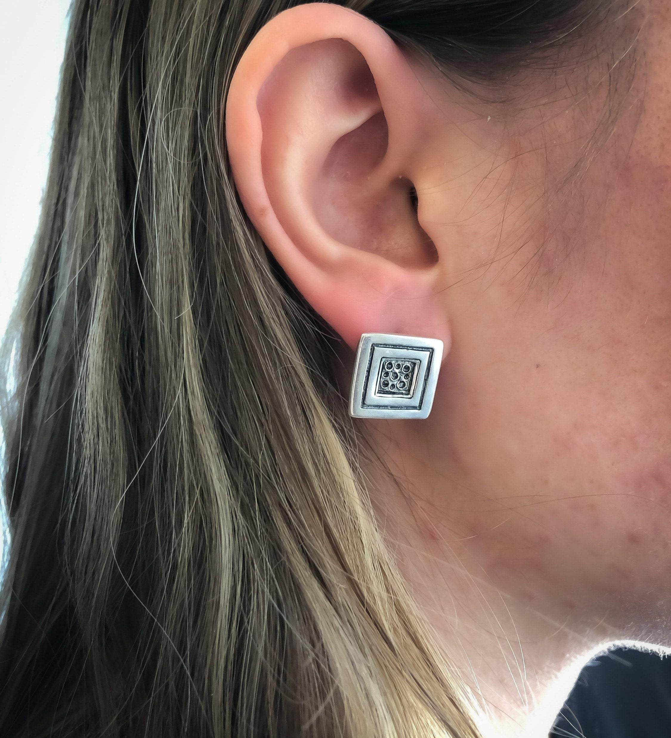 Silver Square Studs, Button Earrings, Solid Silver Earrings, Large Stud Earrings, Sterling Silver, Geometric Earrings, Unique Silver Studs