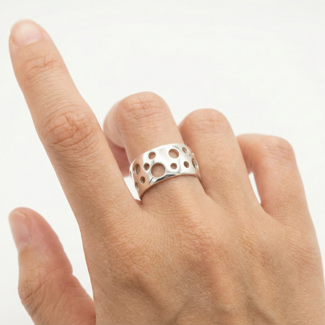 Silver Holes Ring - Unique Moon Crater Design, Crafted in 925 Sterling Silver for Daily Wear and Special Celebrations.