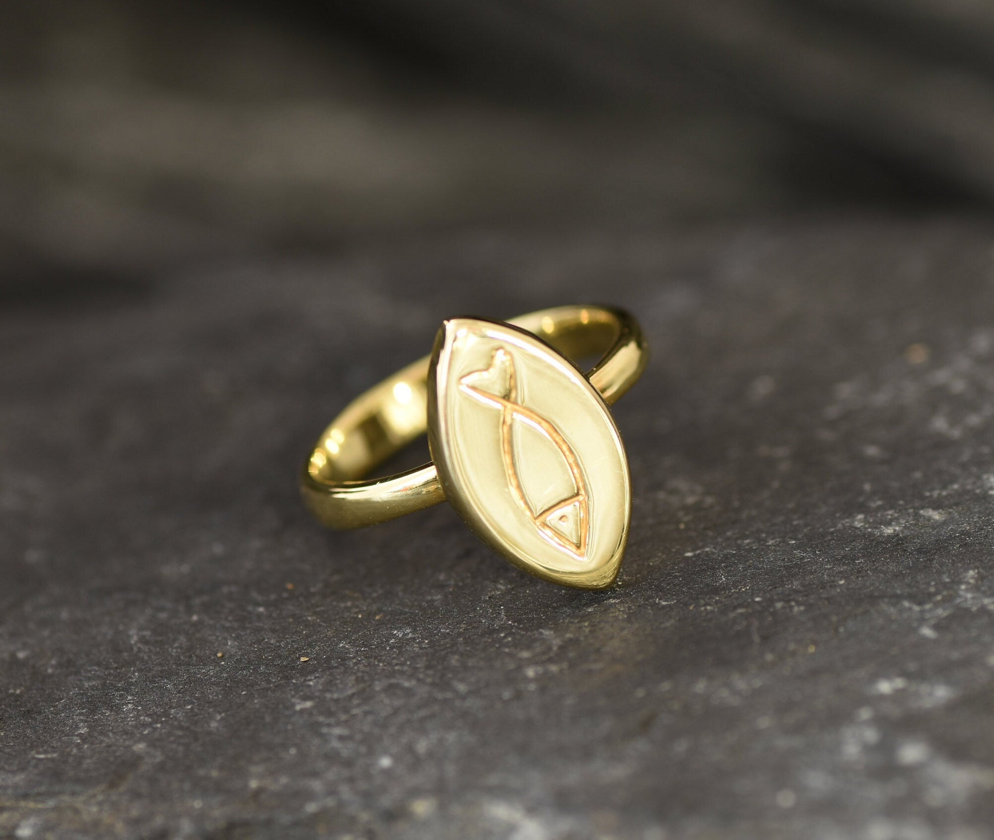 Gold Fish Ring, Pisces Ring, Gold Plated Ring, Vermeil Ring, Flat Ring, Marquise Ring, Fish Ring, Symbolic Ring, Boho Ring, Christian Ring