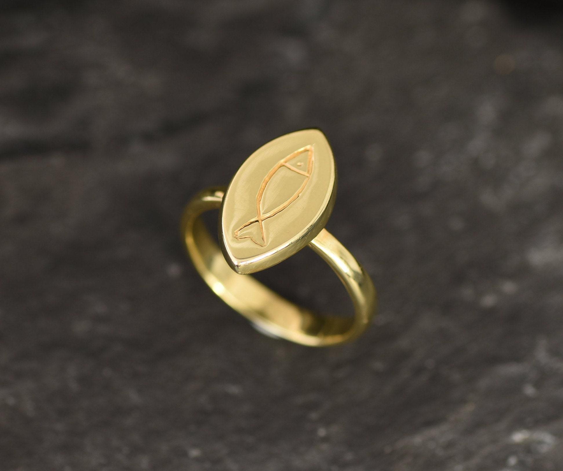 Gold Fish Ring, Pisces Ring, Gold Plated Ring, Vermeil Ring, Flat Ring, Marquise Ring, Fish Ring, Symbolic Ring, Boho Ring, Christian Ring