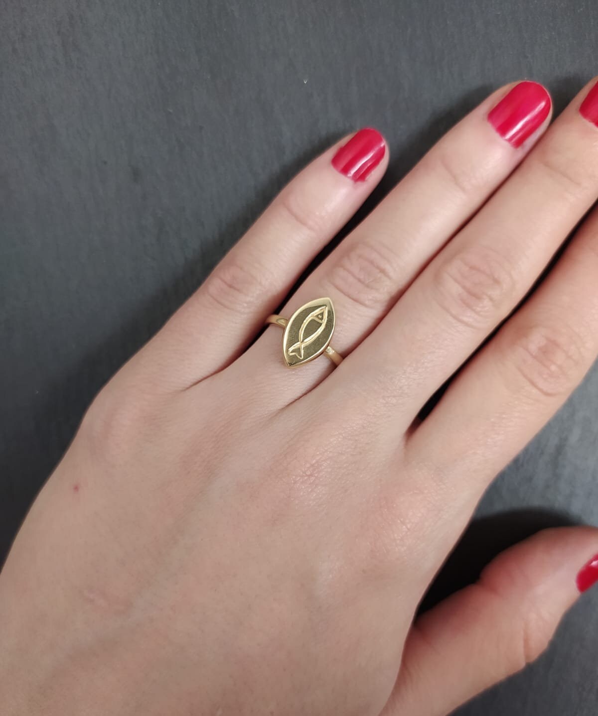 Gold Fish Ring, Pisces Ring, Gold Plated Ring, Vermeil Ring, Flat Ring, Marquise Ring, Fish Ring, Symbolic Ring, Boho Ring, Christian Ring