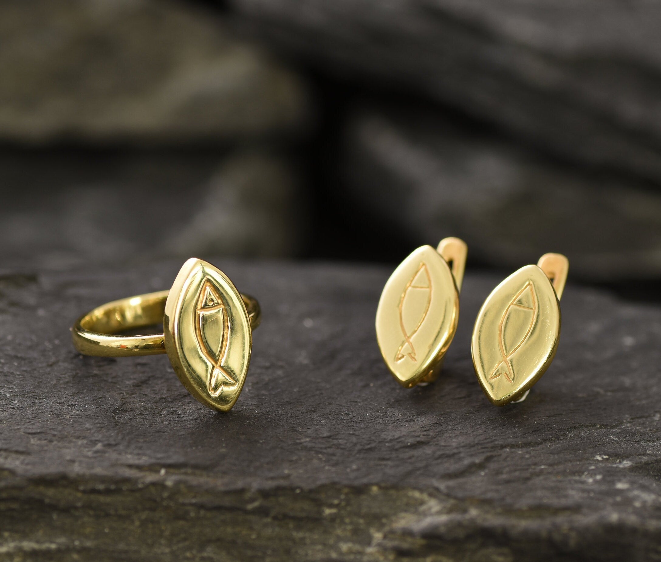 Gold Fish Ring, Pisces Ring, Gold Plated Ring, Vermeil Ring, Flat Ring, Marquise Ring, Fish Ring, Symbolic Ring, Boho Ring, Christian Ring