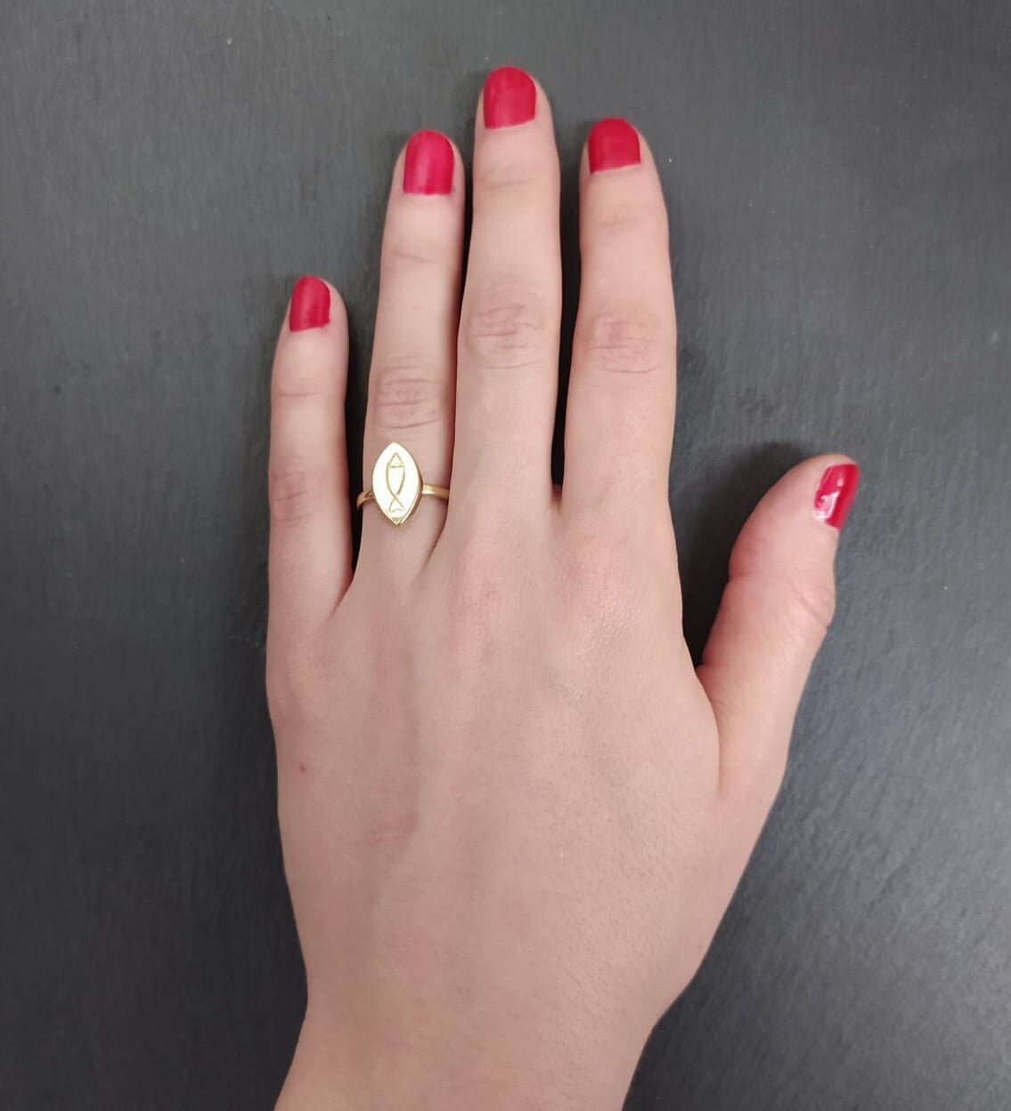 Gold Fish Ring, Pisces Ring, Gold Plated Ring, Vermeil Ring, Flat Ring, Marquise Ring, Fish Ring, Symbolic Ring, Boho Ring, Christian Ring