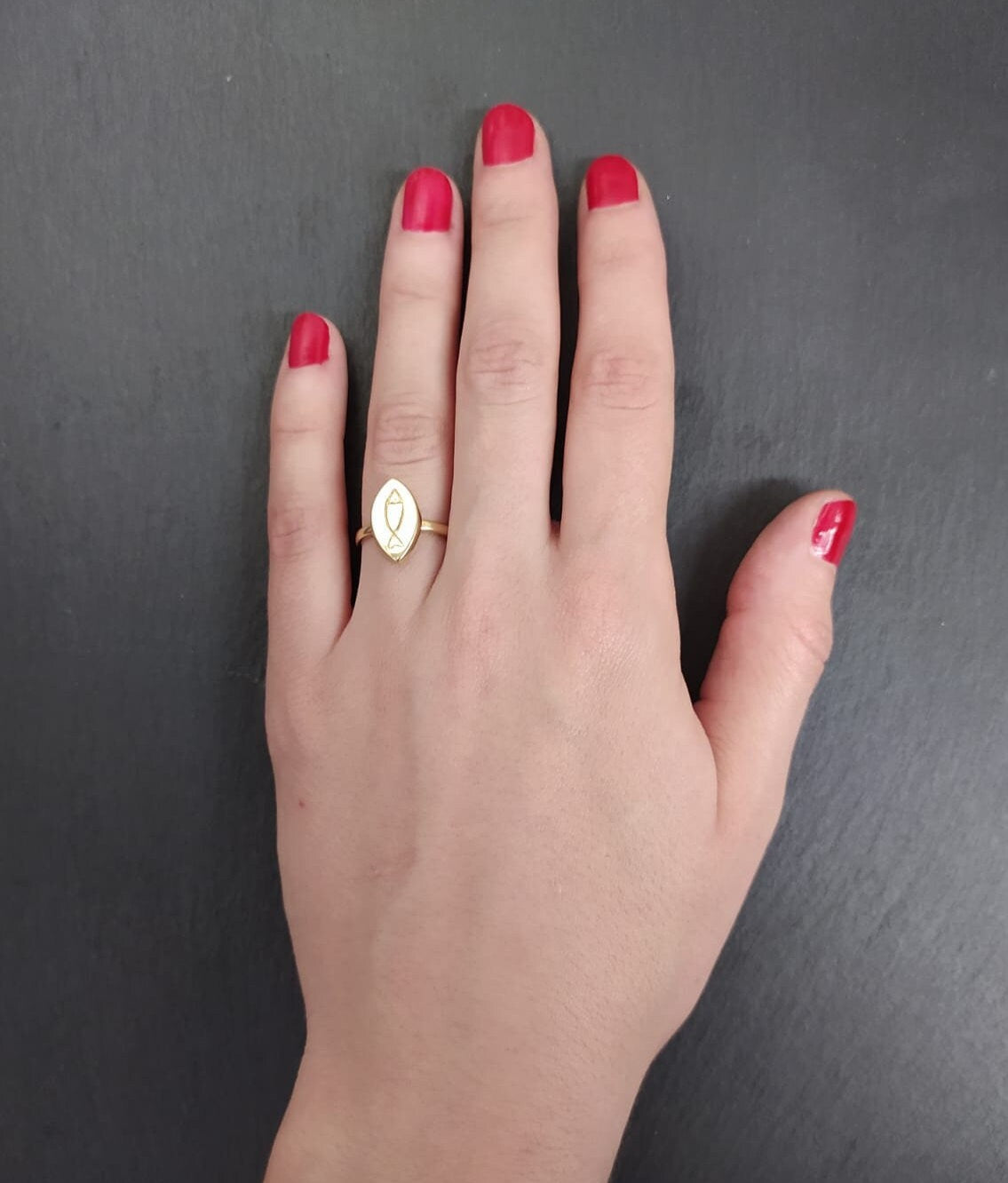 Gold Fish Ring, Pisces Ring, Gold Plated Ring, Vermeil Ring, Flat Ring, Marquise Ring, Fish Ring, Symbolic Ring, Boho Ring, Christian Ring