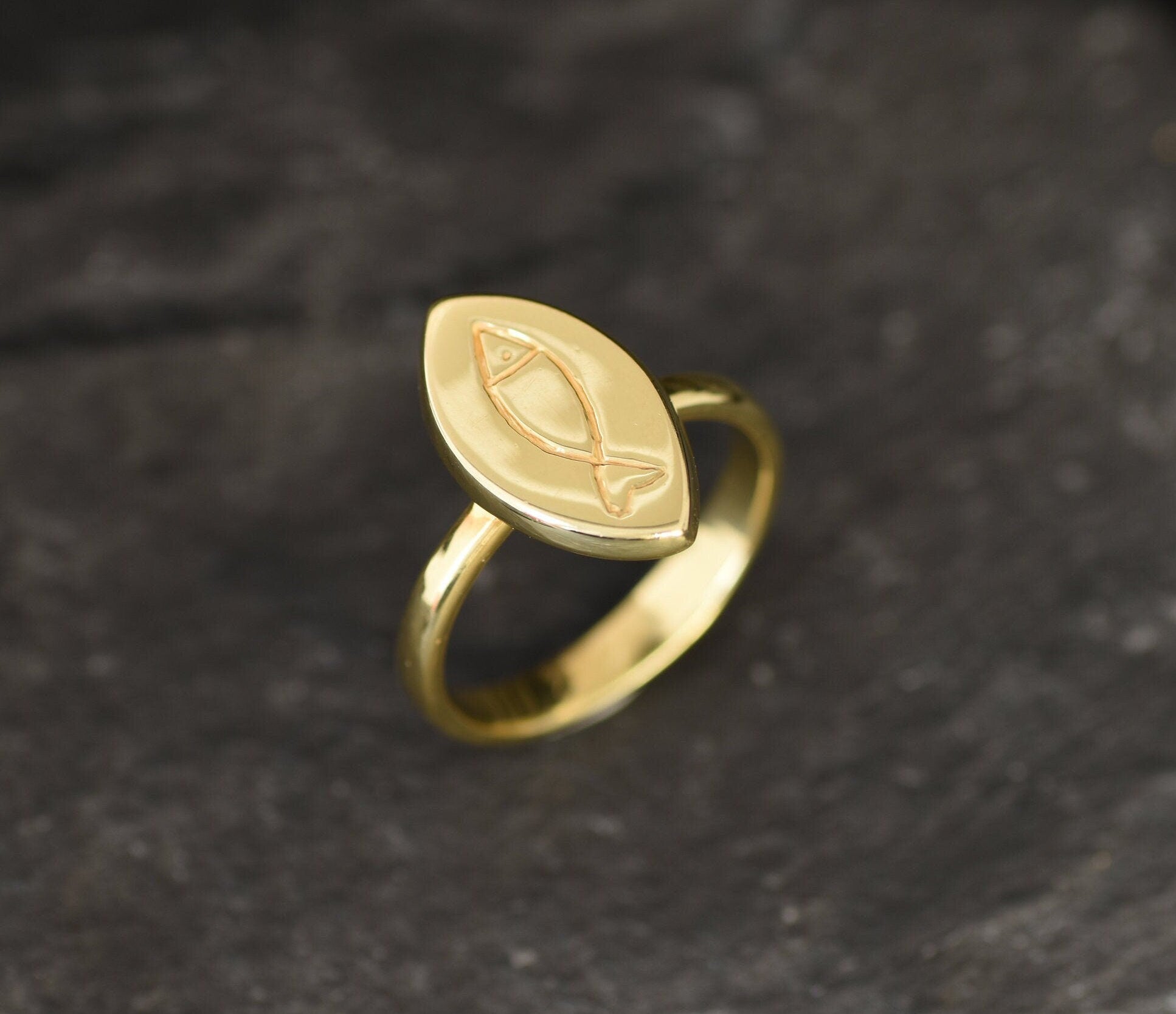 Gold Fish Ring, Pisces Ring, Gold Plated Ring, Vermeil Ring, Flat Ring, Marquise Ring, Fish Ring, Symbolic Ring, Boho Ring, Christian Ring