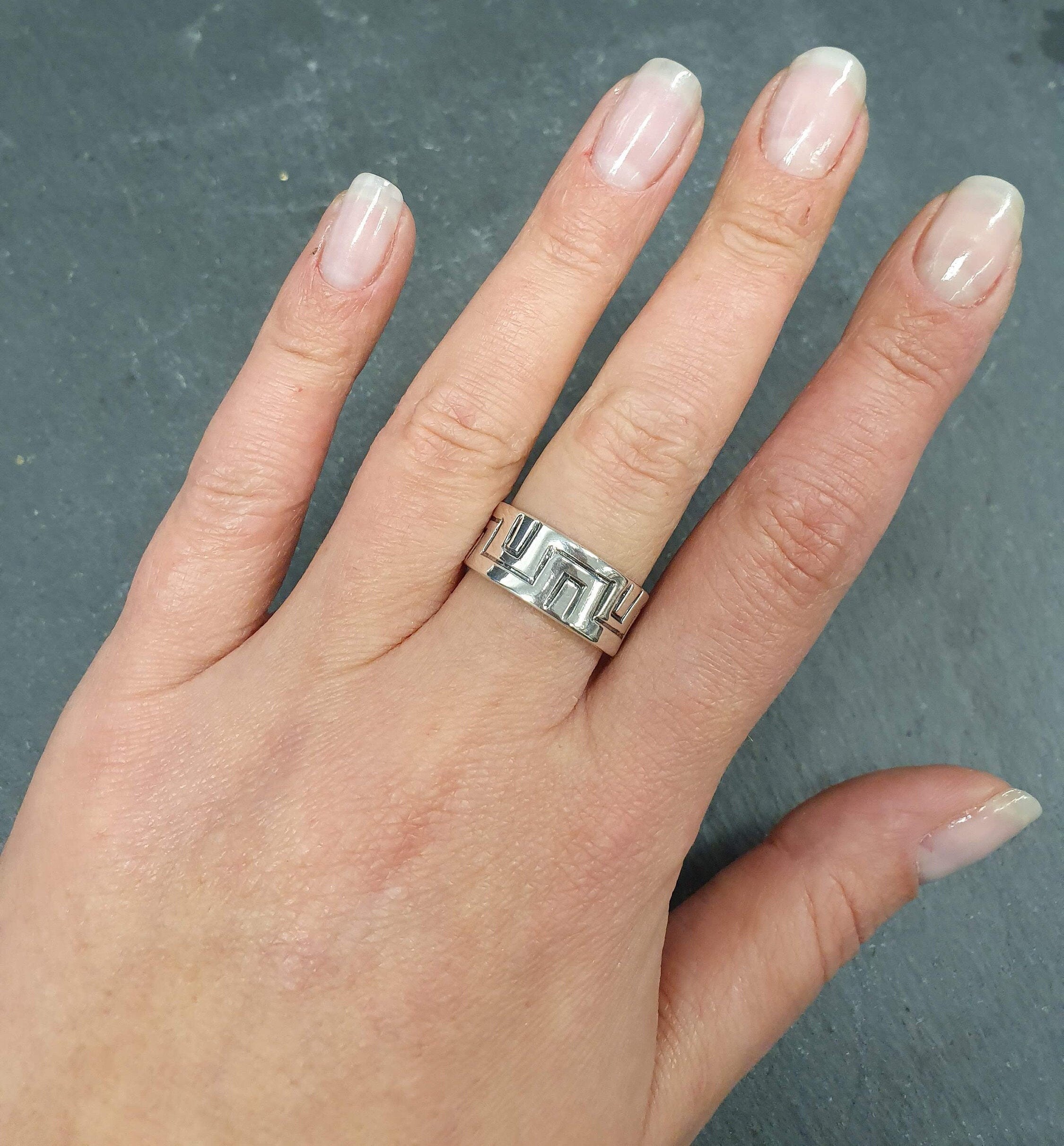Geometric Ring, Silver Maze Ring, Geometric Band, Labyrinth Ring, Thick Silver Band, Asymmetric Band, Shape Carved Ring, Solid Silver Ring