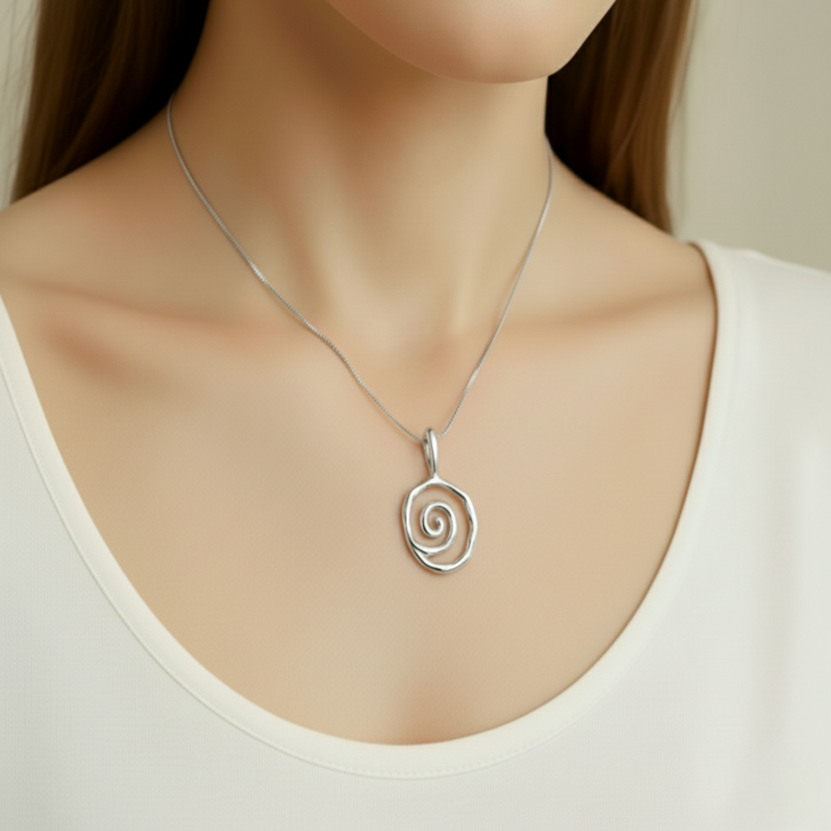 Silver Spiral Necklace displayed elegantly, showcasing its unique design and shine, perfect for any special occasion.