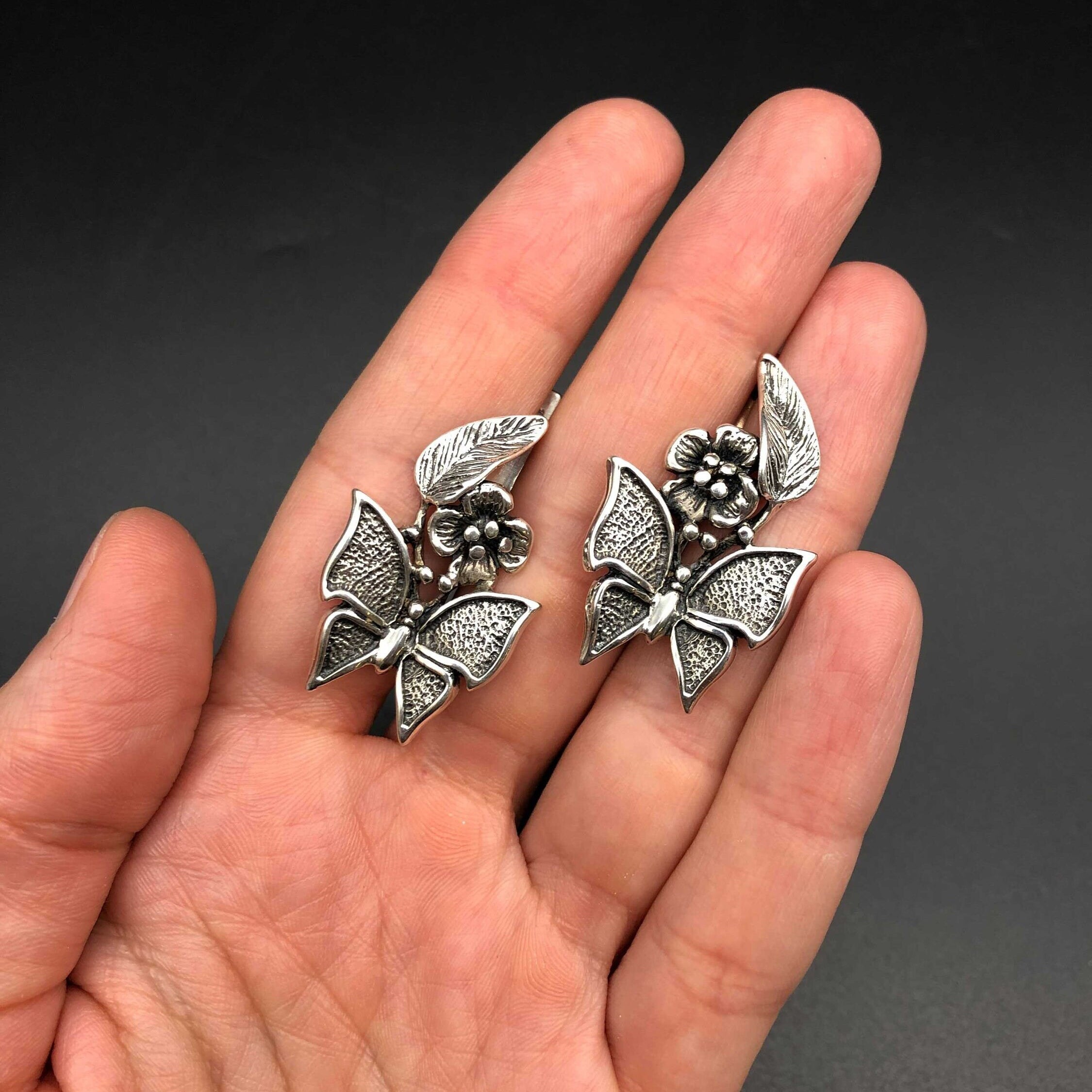 Large Butterfly Earrings, Flower Earrings,Big Butterfly Studs, Floral Earrings, Solid Silver Earrings, 925 Sterling Silver