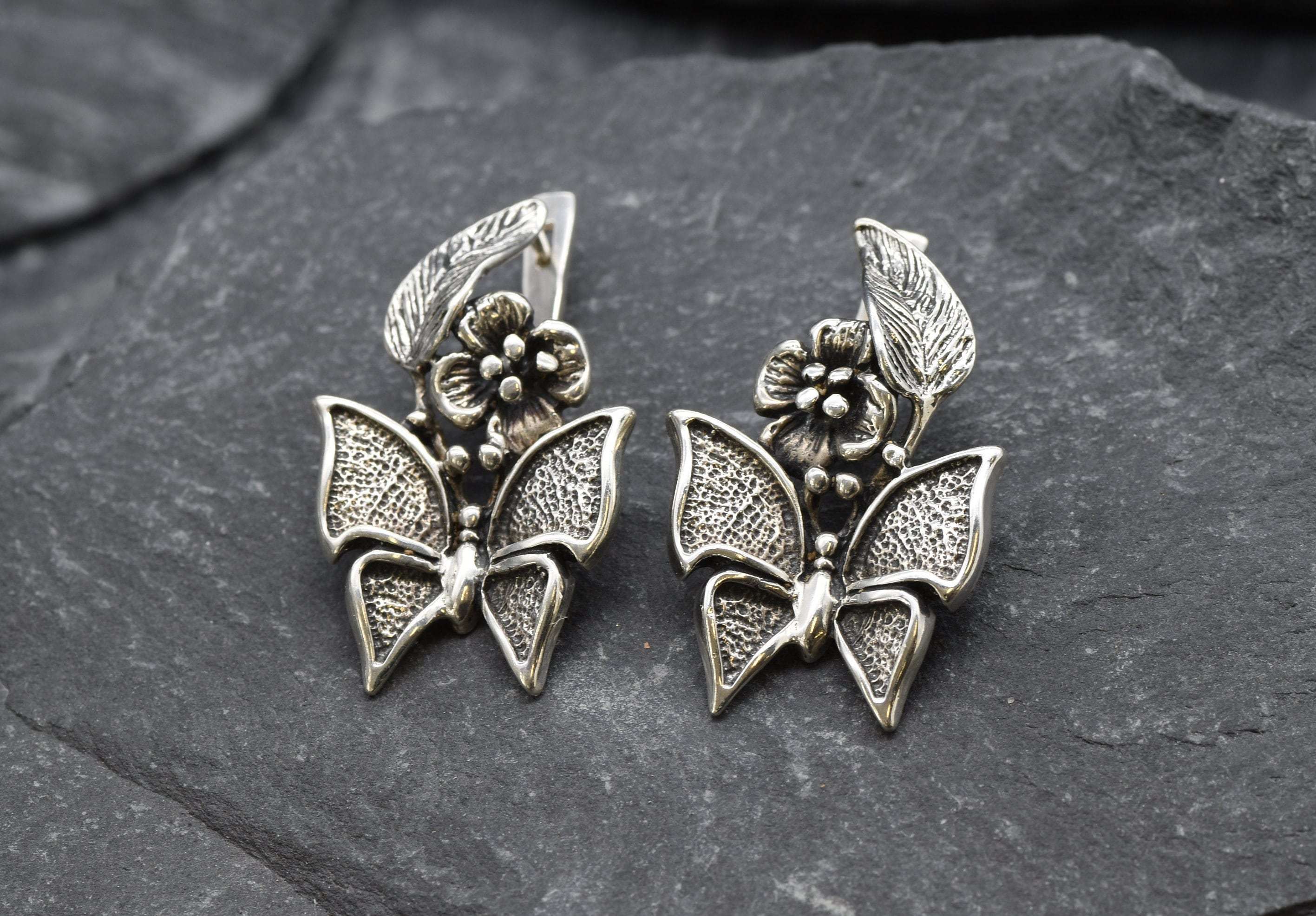 Large Butterfly Earrings, Flower Earrings,Big Butterfly Studs, Floral Earrings, Solid Silver Earrings, 925 Sterling Silver