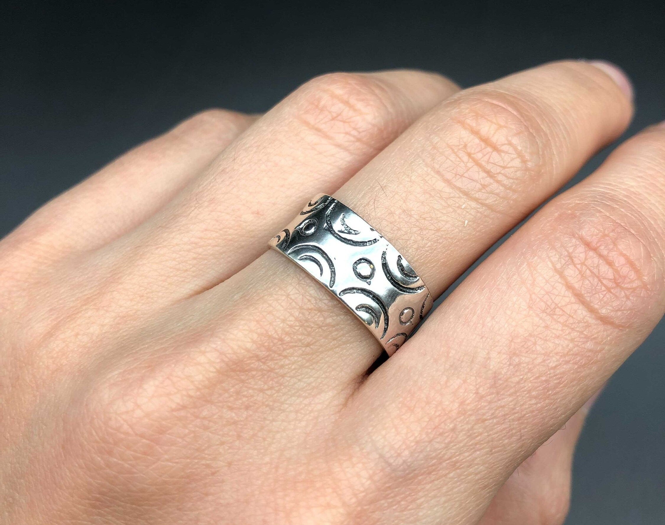 Wide Silver Band, Thick Silver Ring, Bubble Band, Engraved Ring, Sturdy Band, Symbolic Pattern Ring, Solid Silver Ring, 925 Sterling Silver