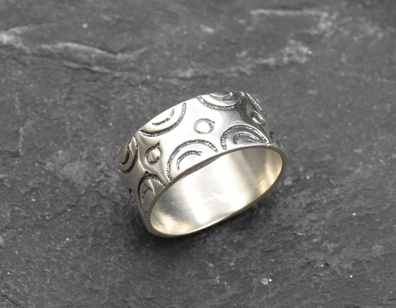 Wide Silver Band, Thick Silver Ring, Bubble Band, Engraved Ring, Sturdy Band, Symbolic Pattern Ring, Solid Silver Ring, 925 Sterling Silver