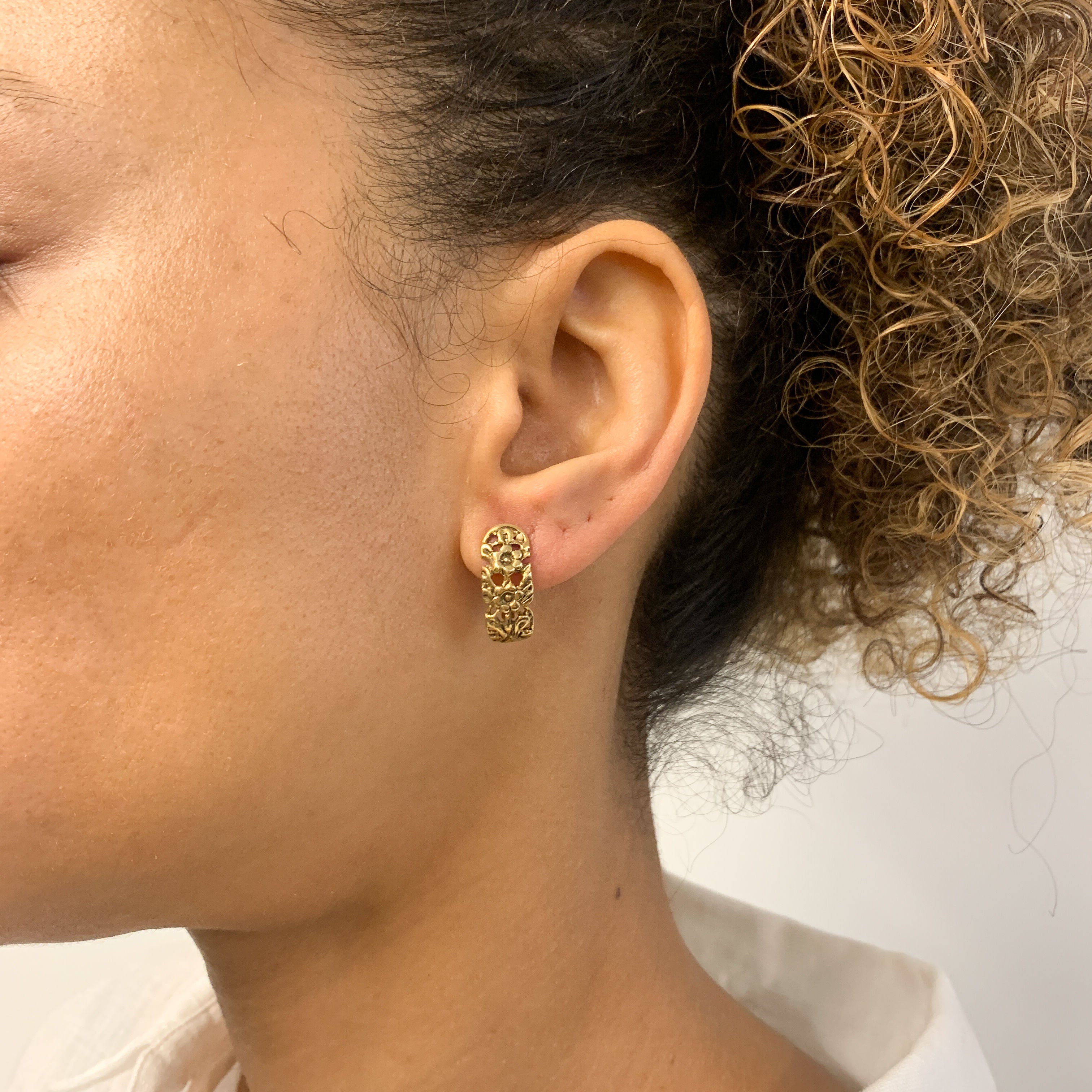 Gold Earrings, Half Hoop Earrings, Gold Flower Earrings, Nature Earrings, Floral Hoops, Stud Hoops, Large Studs, Gold Vermeil, 925 Silver