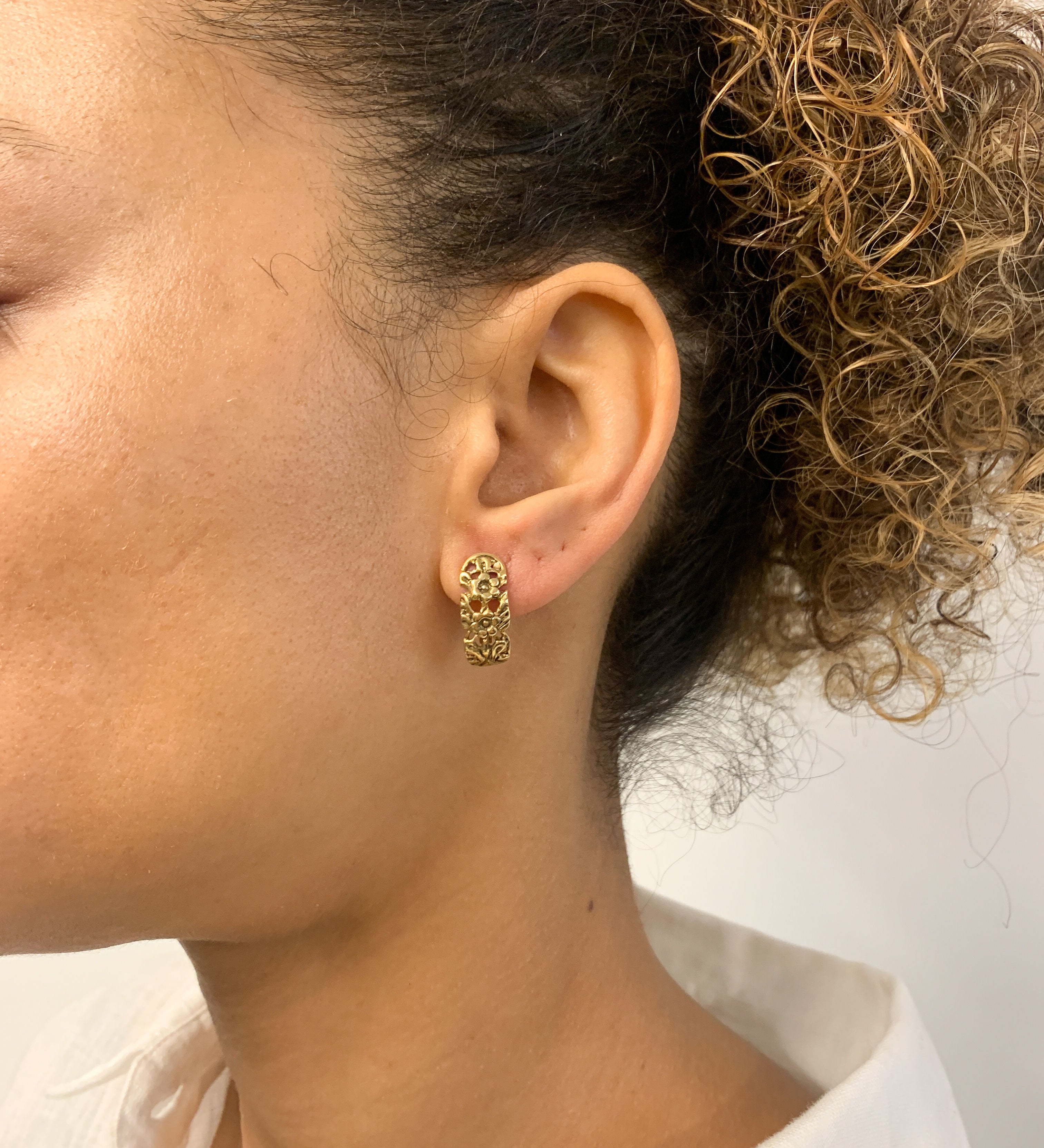 Gold Earrings, Half Hoop Earrings, Gold Flower Earrings, Nature Earrings, Floral Hoops, Stud Hoops, Large Studs, Gold Vermeil, 925 Silver