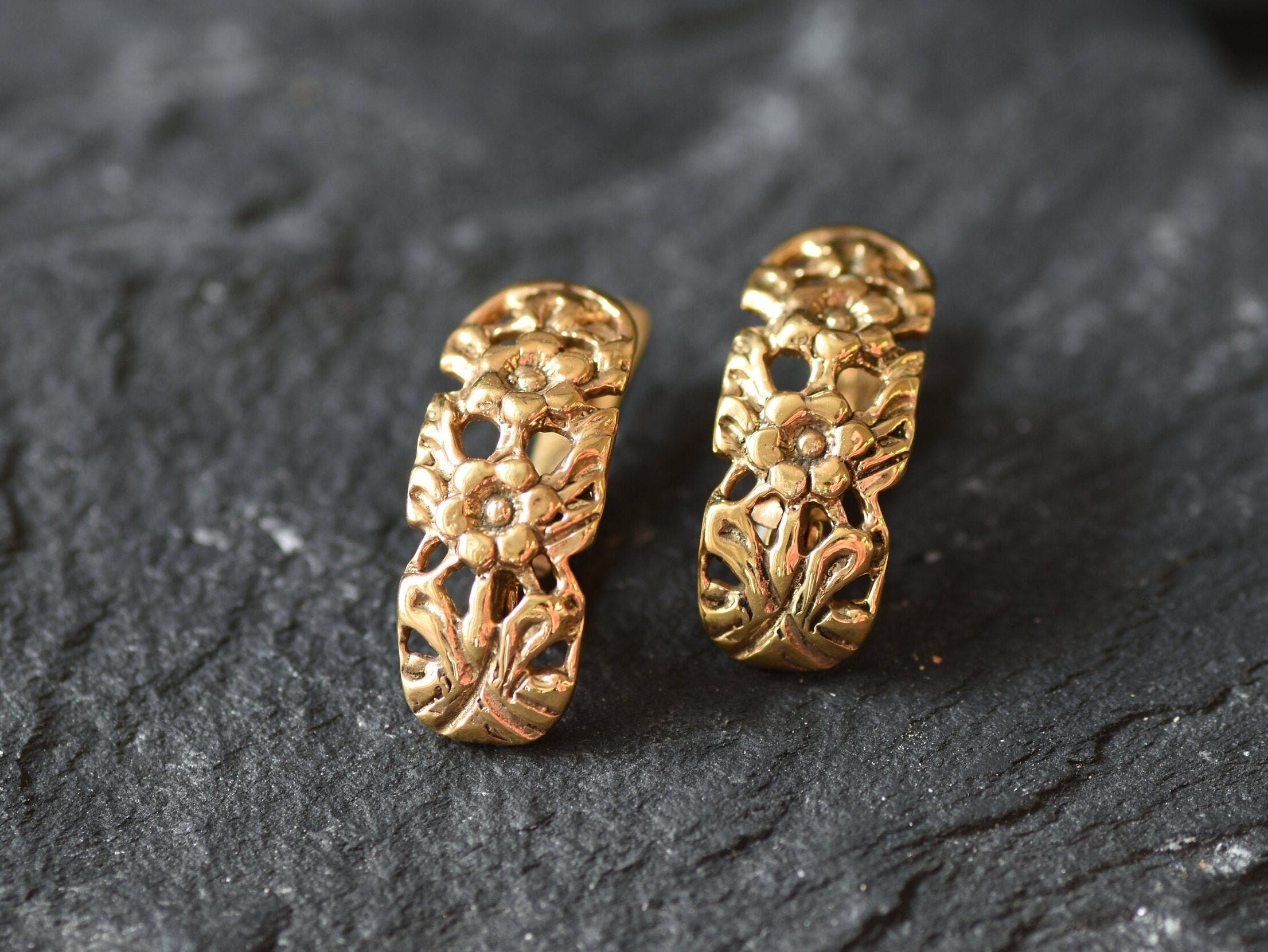 Gold Earrings, Half Hoop Earrings, Gold Flower Earrings, Nature Earrings, Floral Hoops, Stud Hoops, Large Studs, Gold Vermeil, 925 Silver