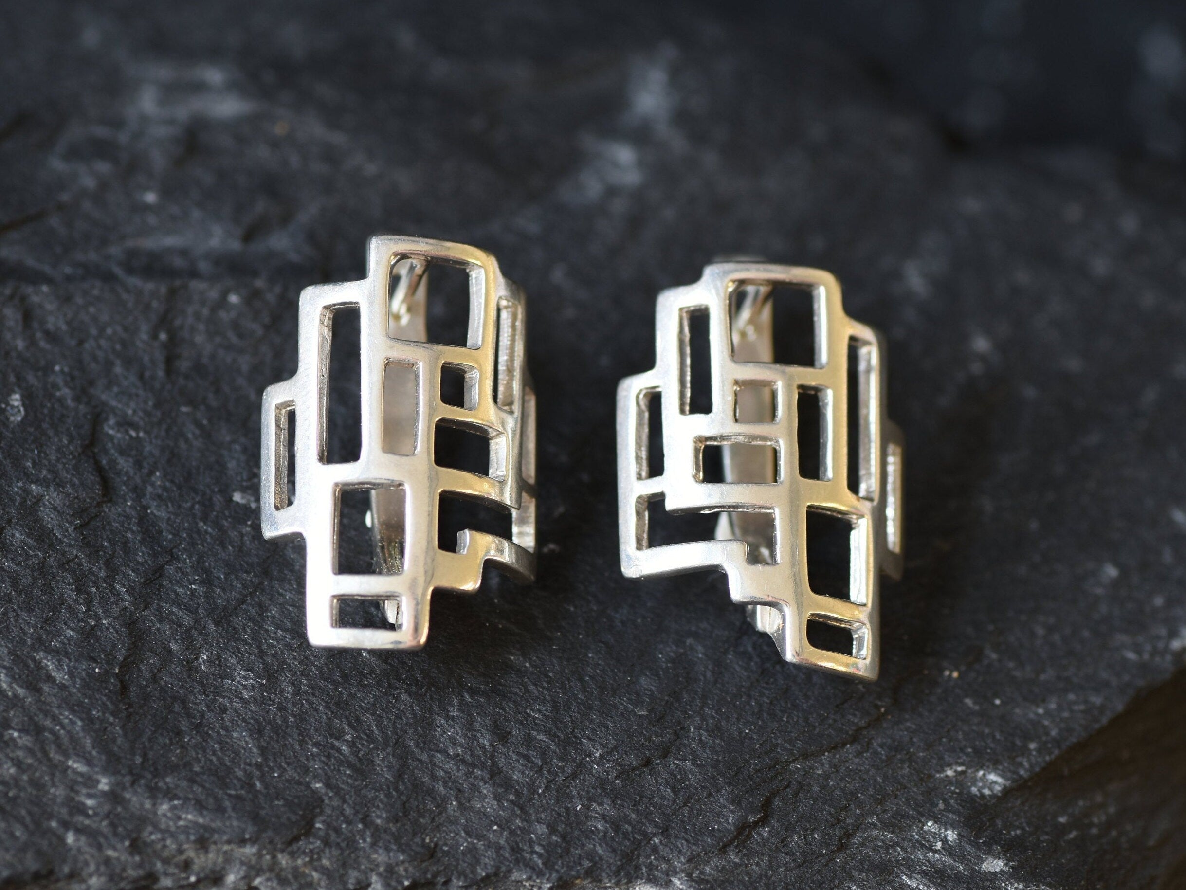 Silver Earrings, Geometric Earrings, Square Earrings, Artistic Earrings, Modern Earrings, Unique Studs, Shape Earrings, 925 Silver Studs