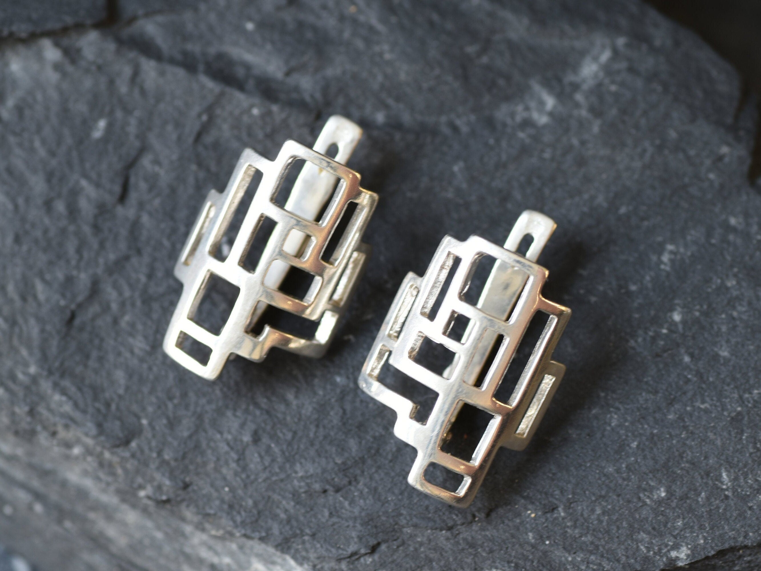 Silver Earrings, Geometric Earrings, Square Earrings, Artistic Earrings, Modern Earrings, Unique Studs, Shape Earrings, 925 Silver Studs