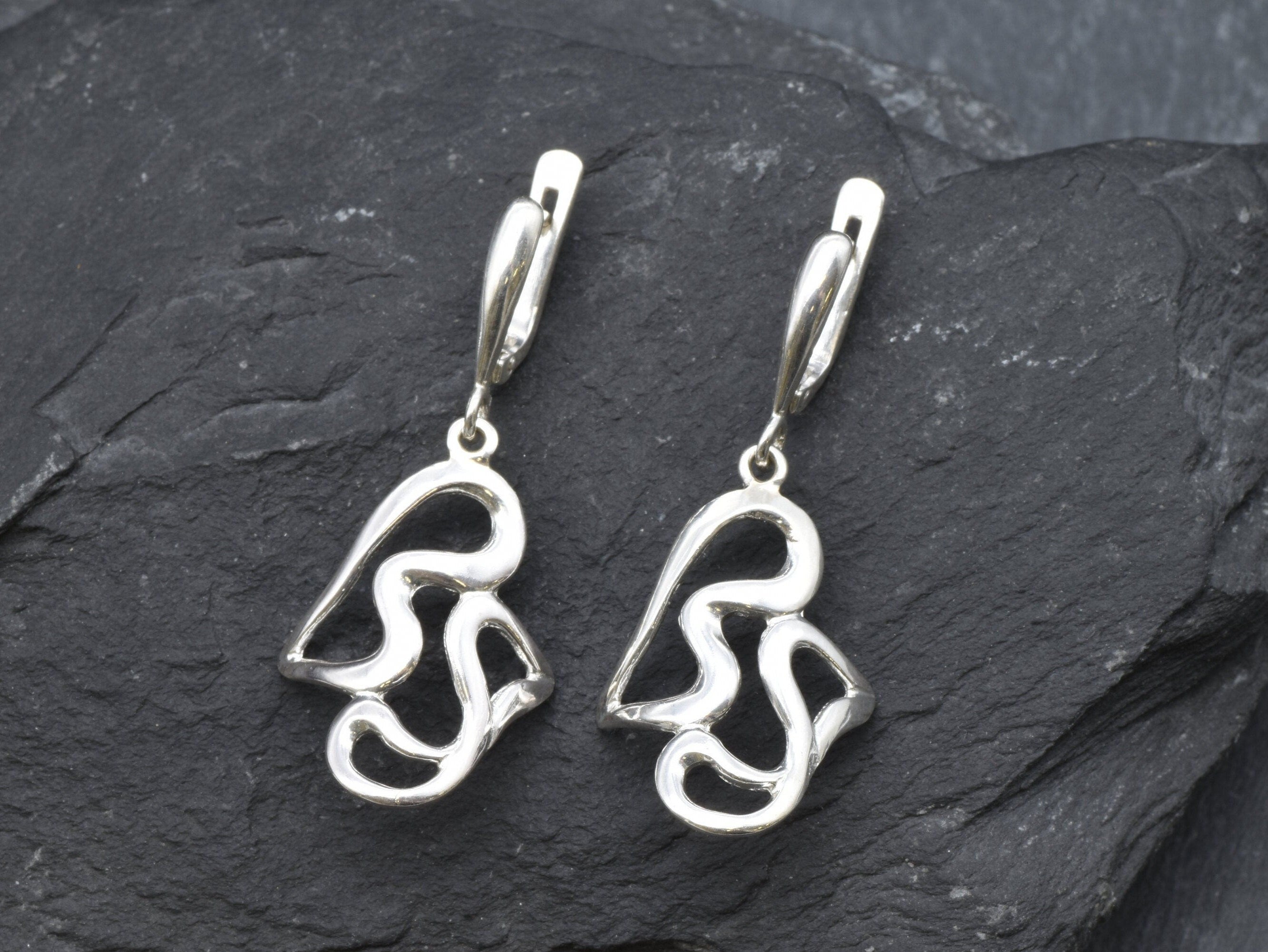 Tangled Earrings, Heart Earrings, Long Dangling Earrings, Abstract Earrings, Artistic Earrings, Solid Silver Earrings, Statement Earrings