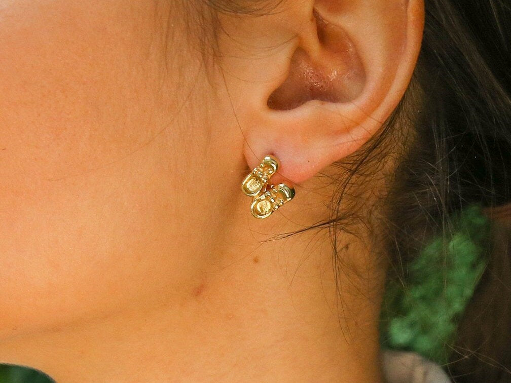 Gold Shoe Earrings, Boots Studs, Gold Plated Earrings, Ribbon Earrings, Cute Stud Earrings, Dainty Earrings, Baby Earrings, Vermeil Earrings