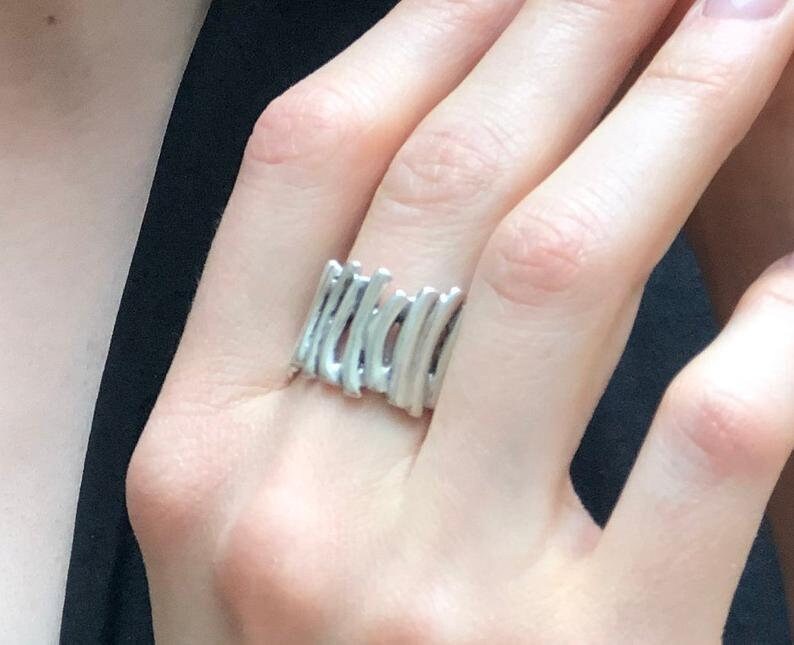 Abstract Ring, Artistic Silver Ring, Wide Band, Picket Ring, Structured Ring, Thick Band, Statement Ring, Bohemian Ring, Solid Silver Ring