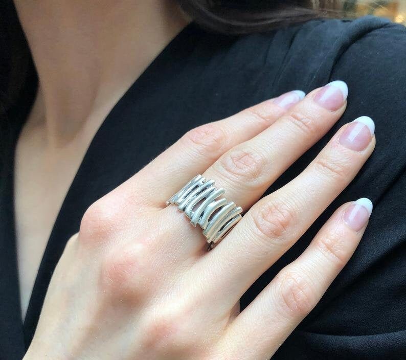 Abstract Ring, Artistic Silver Ring, Wide Band, Picket Ring, Structured Ring, Thick Band, Statement Ring, Bohemian Ring, Solid Silver Ring