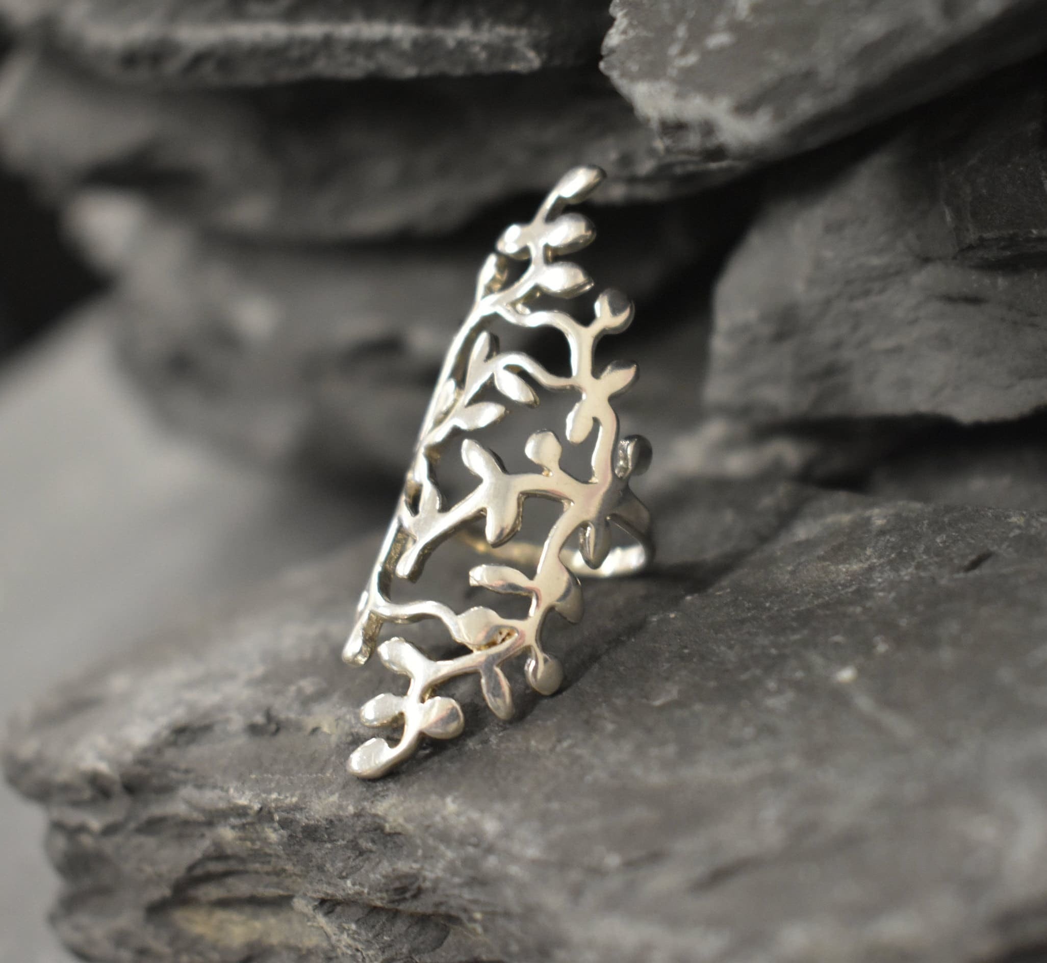 Leaf Ring, Silver Leaf Ring, Long Leaf Ring, Vintage Ring, Long Silver Ring, Shield Ring, Solid Silver Ring, Branch Ring, Silver Tree Ring