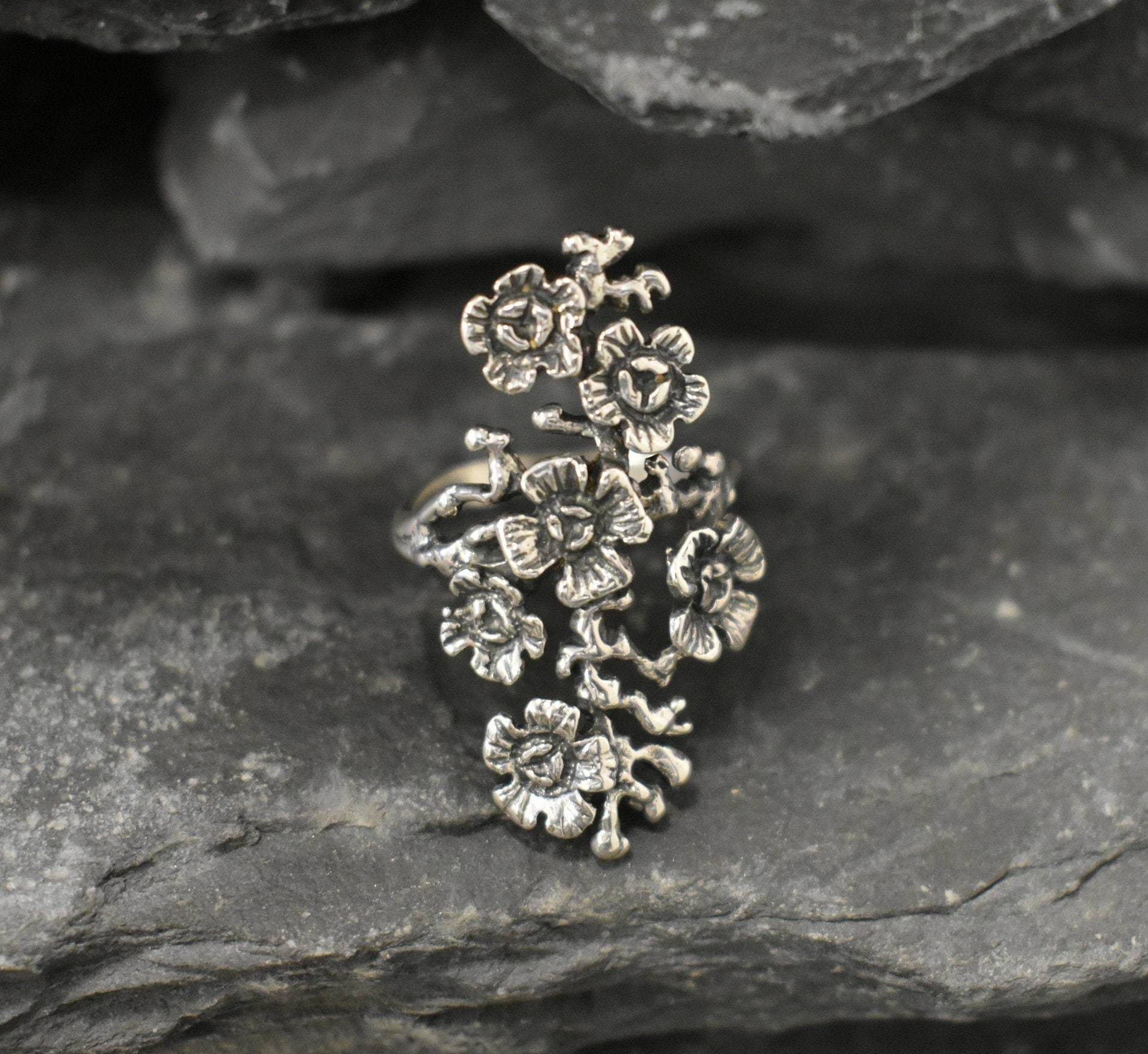 Long Flower Ring, Flower Bouquet Ring, Statement Ring, Long Ring, Floral Ring, Heavy Ring, Garden Ring, Long Silver Ring, Solid Silver Ring
