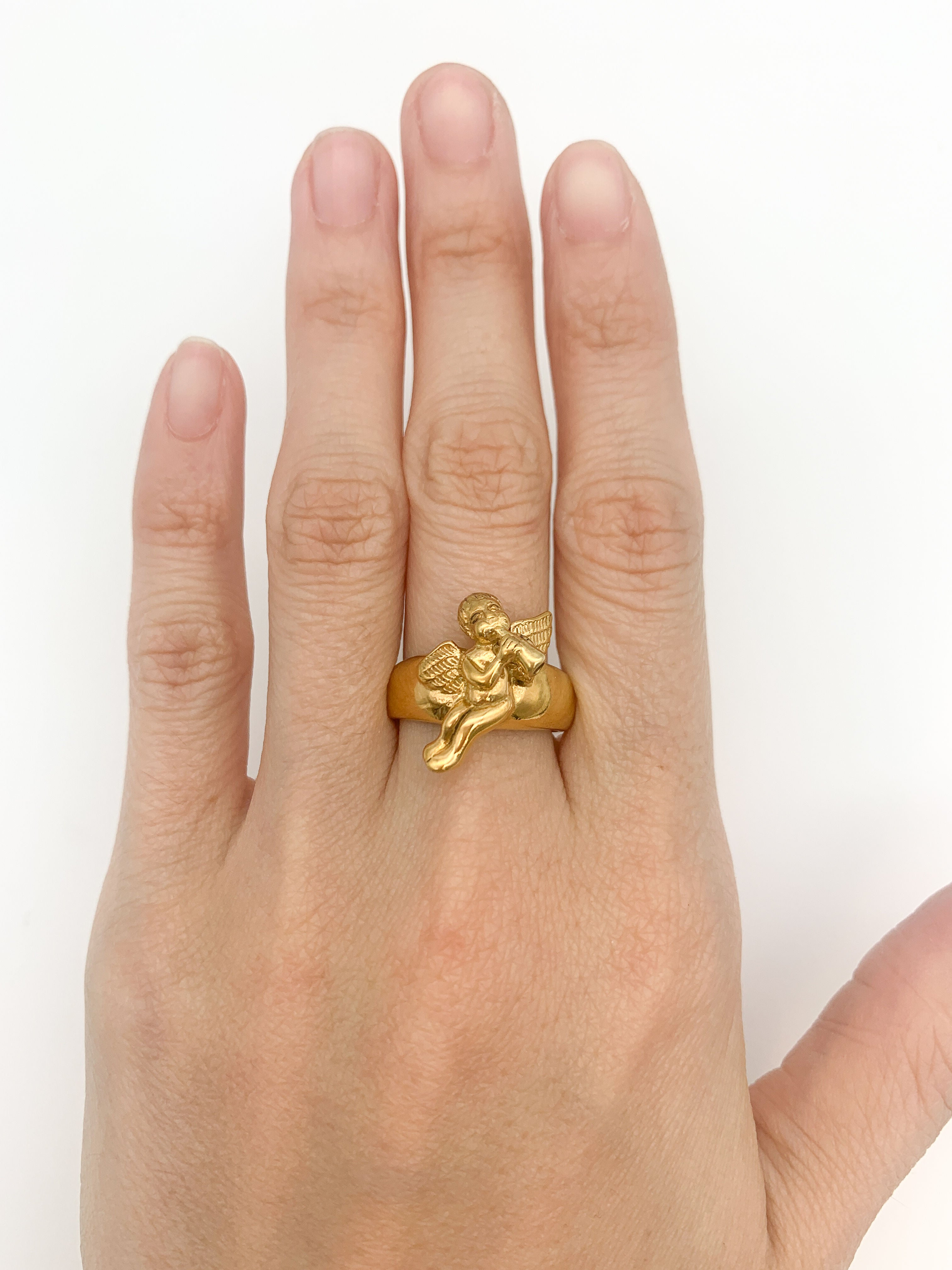 Gold Angel Ring, Angelic Ring, Cupid Ring, Saint Ring, Statement Ring, Religious Ring, Gold Vermeil Ring, Gold Plated Ring, Angel Flute Ring