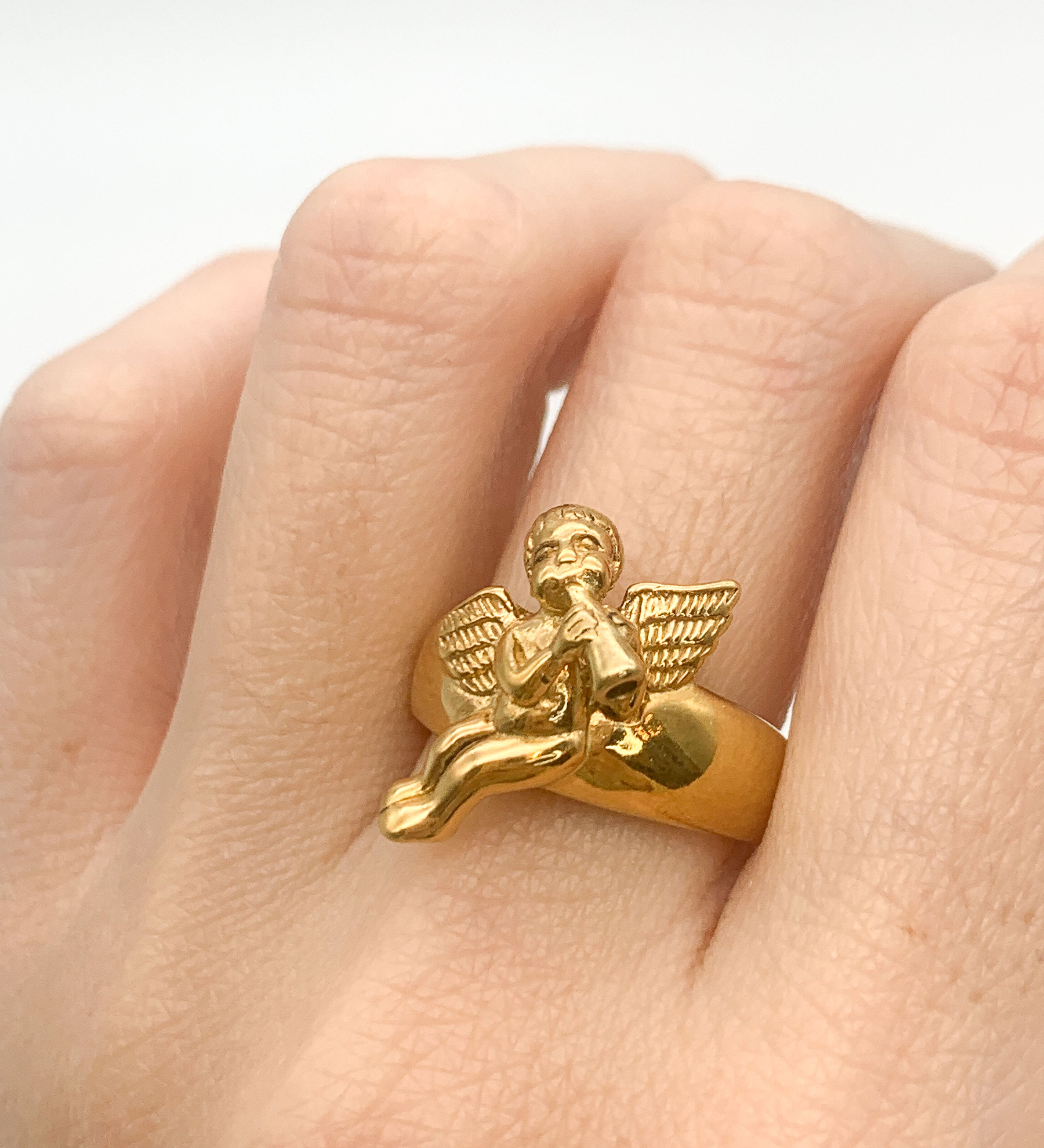 Gold Angel Ring, Angelic Ring, Cupid Ring, Saint Ring, Statement Ring, Religious Ring, Gold Vermeil Ring, Gold Plated Ring, Angel Flute Ring