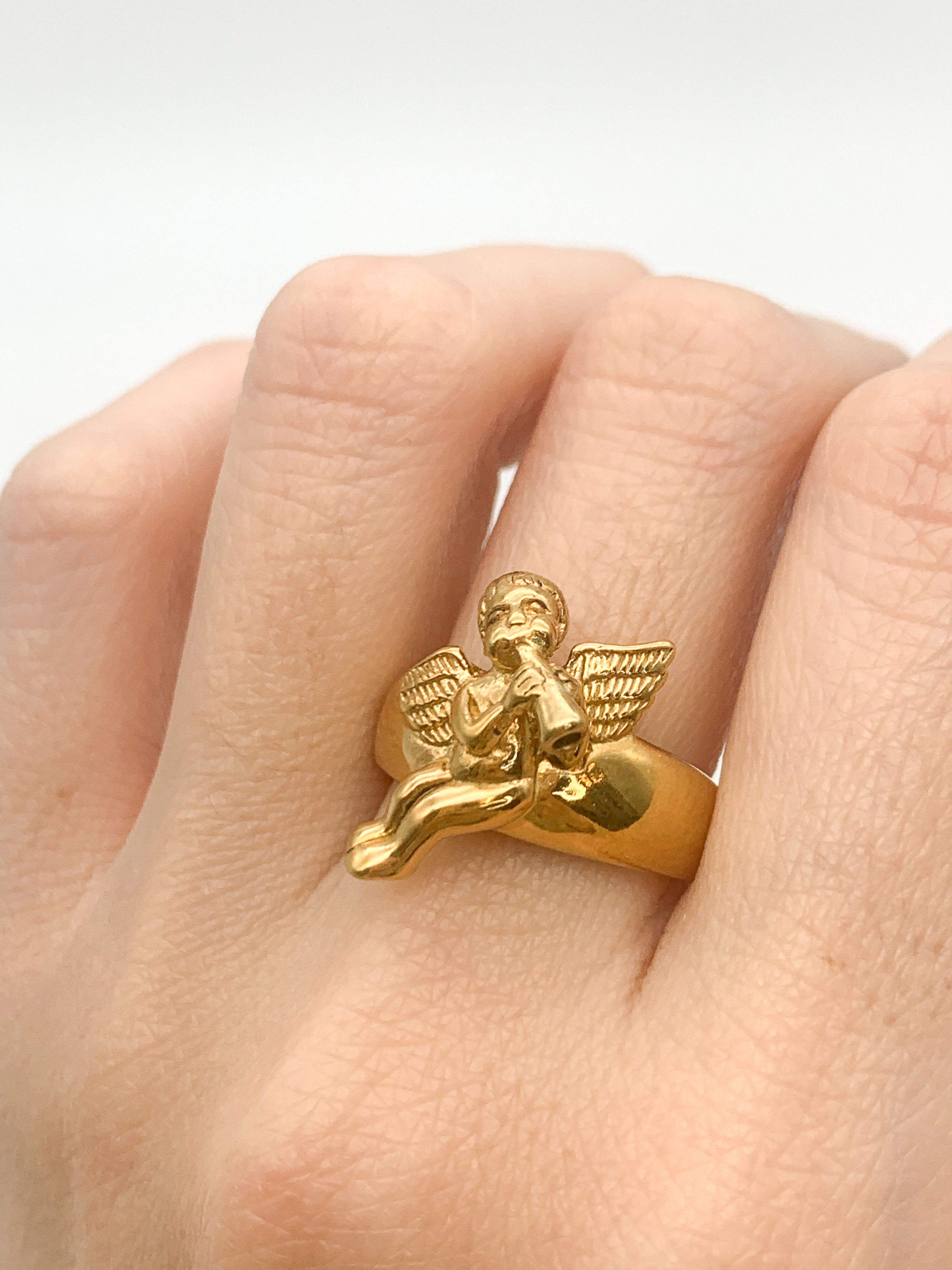 Gold Angel Ring, Angelic Ring, Cupid Ring, Saint Ring, Statement Ring, Religious Ring, Gold Vermeil Ring, Gold Plated Ring, Angel Flute Ring