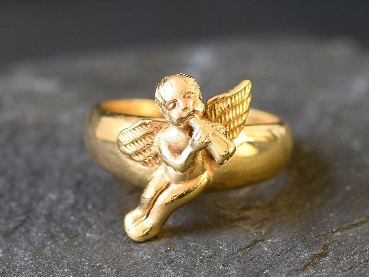 Gold Angel Ring, Angelic Ring, Cupid Ring, Saint Ring, Statement Ring, Religious Ring, Gold Vermeil Ring, Gold Plated Ring, Angel Flute Ring