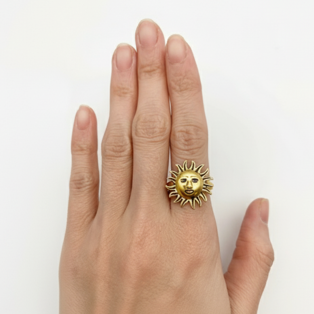 Stunning Gold Sun Ring with a radiant sun face motif, crafted in 18k Gold Vermeil, ideal for special occasions and daily elegance.