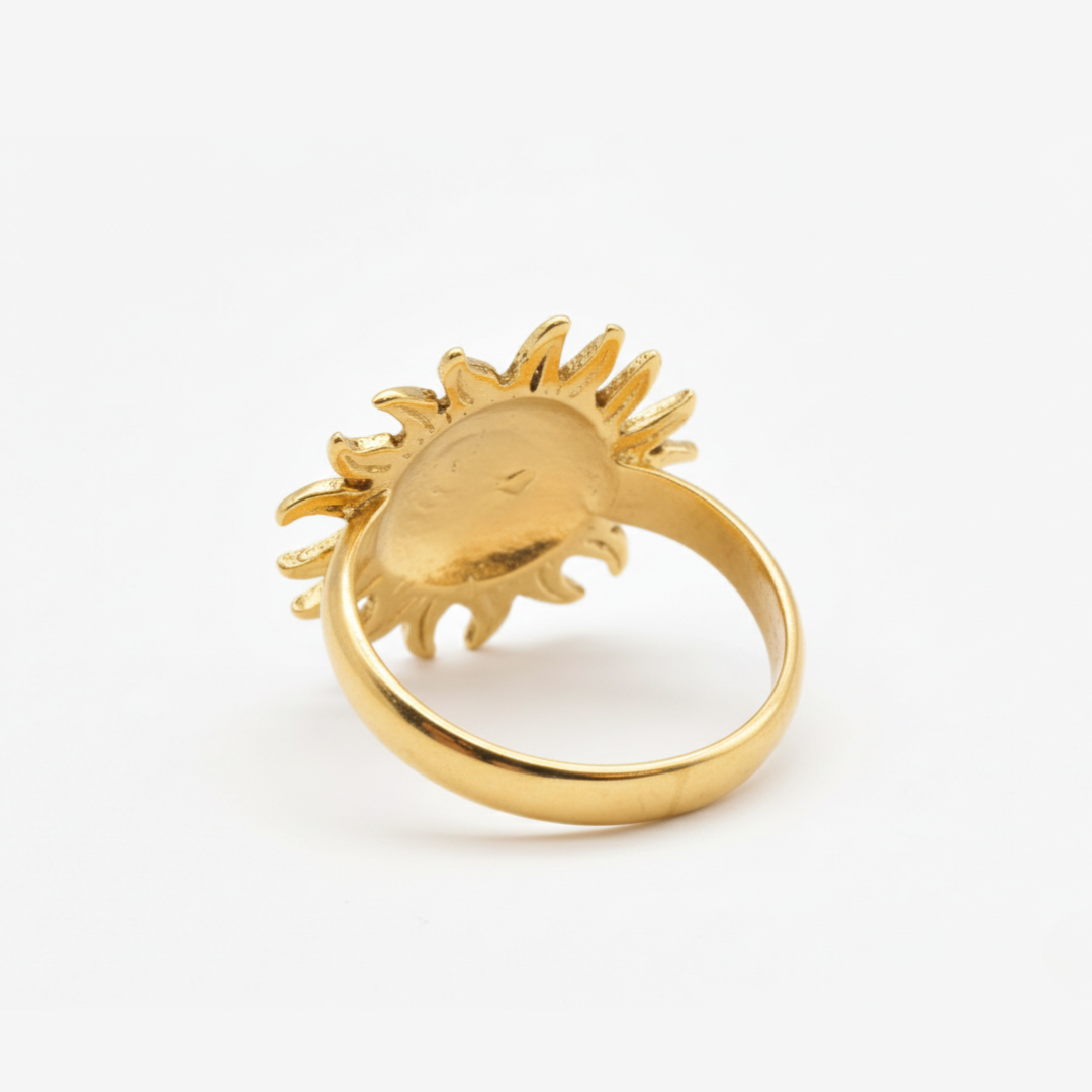 Unique Gold Sun Ring with intricate sun face detailing, made of 18k Gold Vermeil, perfect for bohemian enthusiasts and gifts.