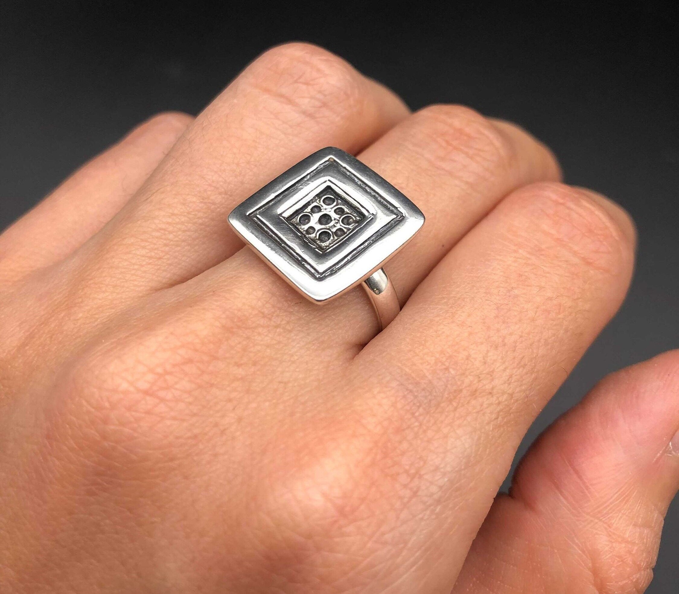 Silver Square Ring, Solid Silver Ring, Button Ring, Sterling Silver Ring, Statement Ring, Geometric Ring, Unique Silver Ring, Large Ring