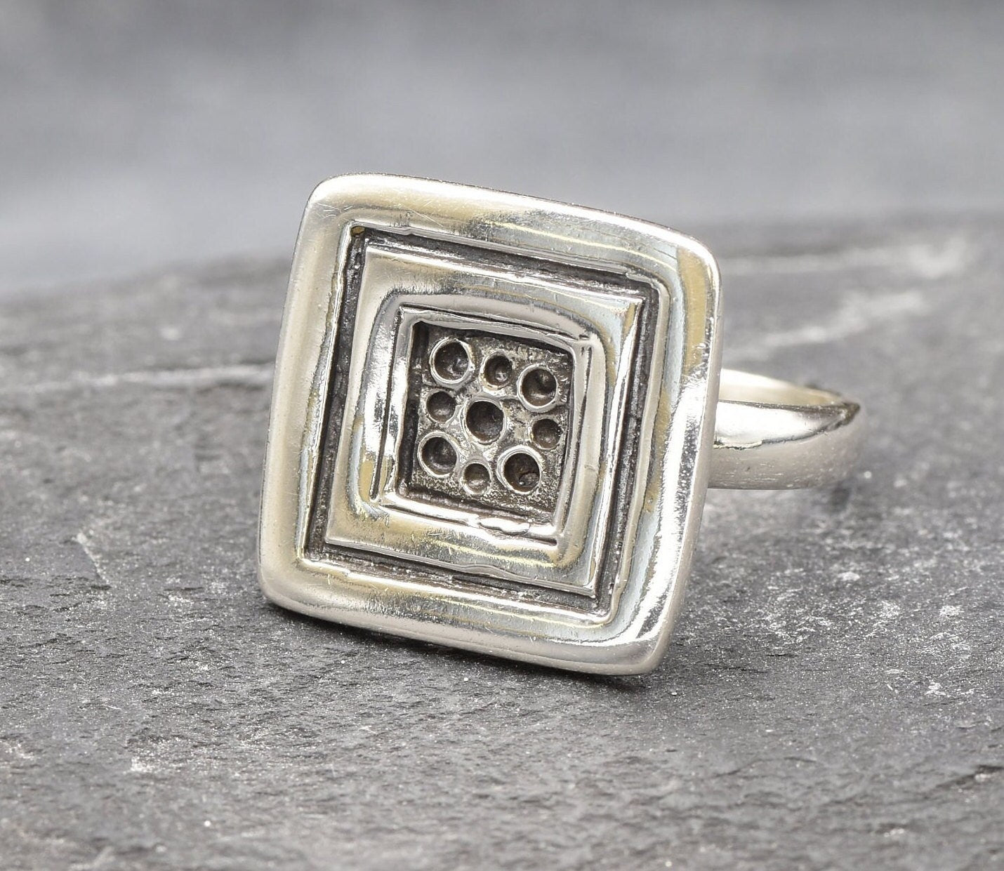 Silver Square Ring, Solid Silver Ring, Button Ring, Sterling Silver Ring, Statement Ring, Geometric Ring, Unique Silver Ring, Large Ring