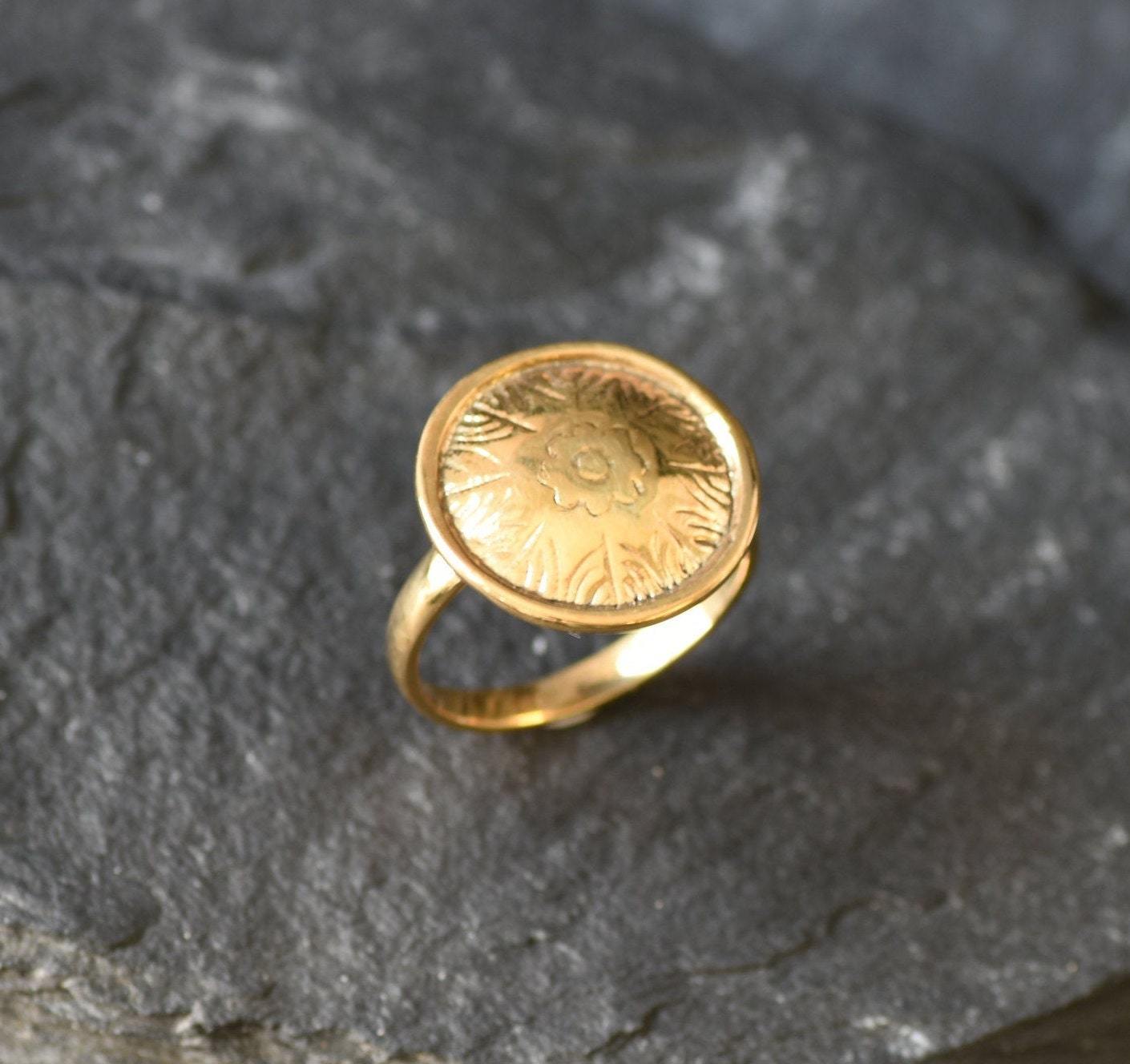 Gold Round Ring, Button Ring, Flower Embossed Ring, Stud Ring, Gold Plated Ring, Disc Ring, Badge Ring, Gold Vermeil Ring, Engraved Ring