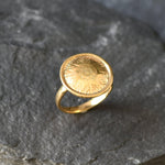 Gold Round Ring, Button Ring, Flower Embossed Ring, Stud Ring, Gold Plated Ring, Disc Ring, Badge Ring, Gold Vermeil Ring, Engraved Ring