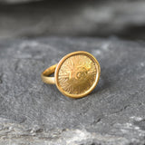 Gold Round Ring, Button Ring, Flower Embossed Ring, Stud Ring, Gold Plated Ring, Disc Ring, Badge Ring, Gold Vermeil Ring, Engraved Ring
