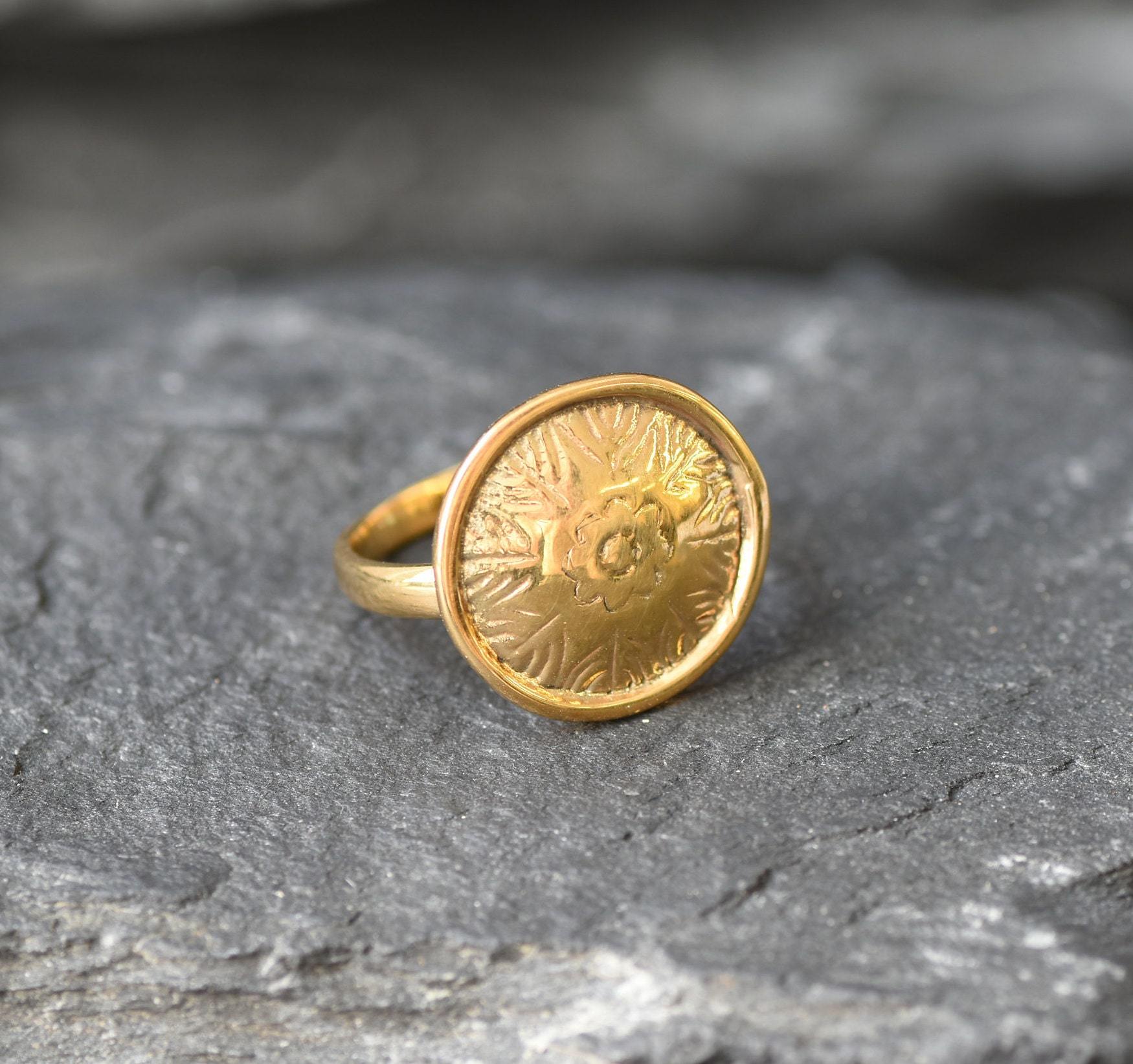Gold Round Ring, Button Ring, Flower Embossed Ring, Stud Ring, Gold Plated Ring, Disc Ring, Badge Ring, Gold Vermeil Ring, Engraved Ring