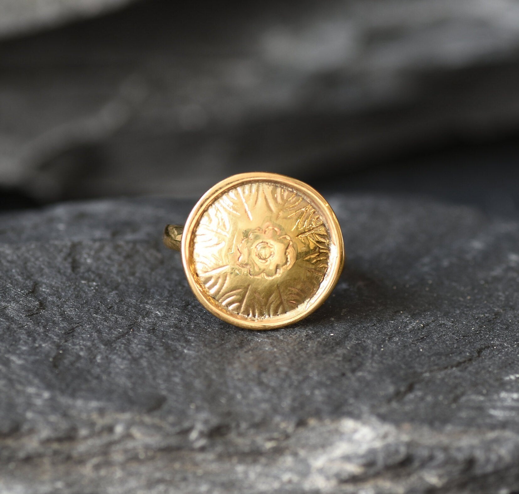 Gold Round Ring, Button Ring, Flower Embossed Ring, Stud Ring, Gold Plated Ring, Disc Ring, Badge Ring, Gold Vermeil Ring, Engraved Ring