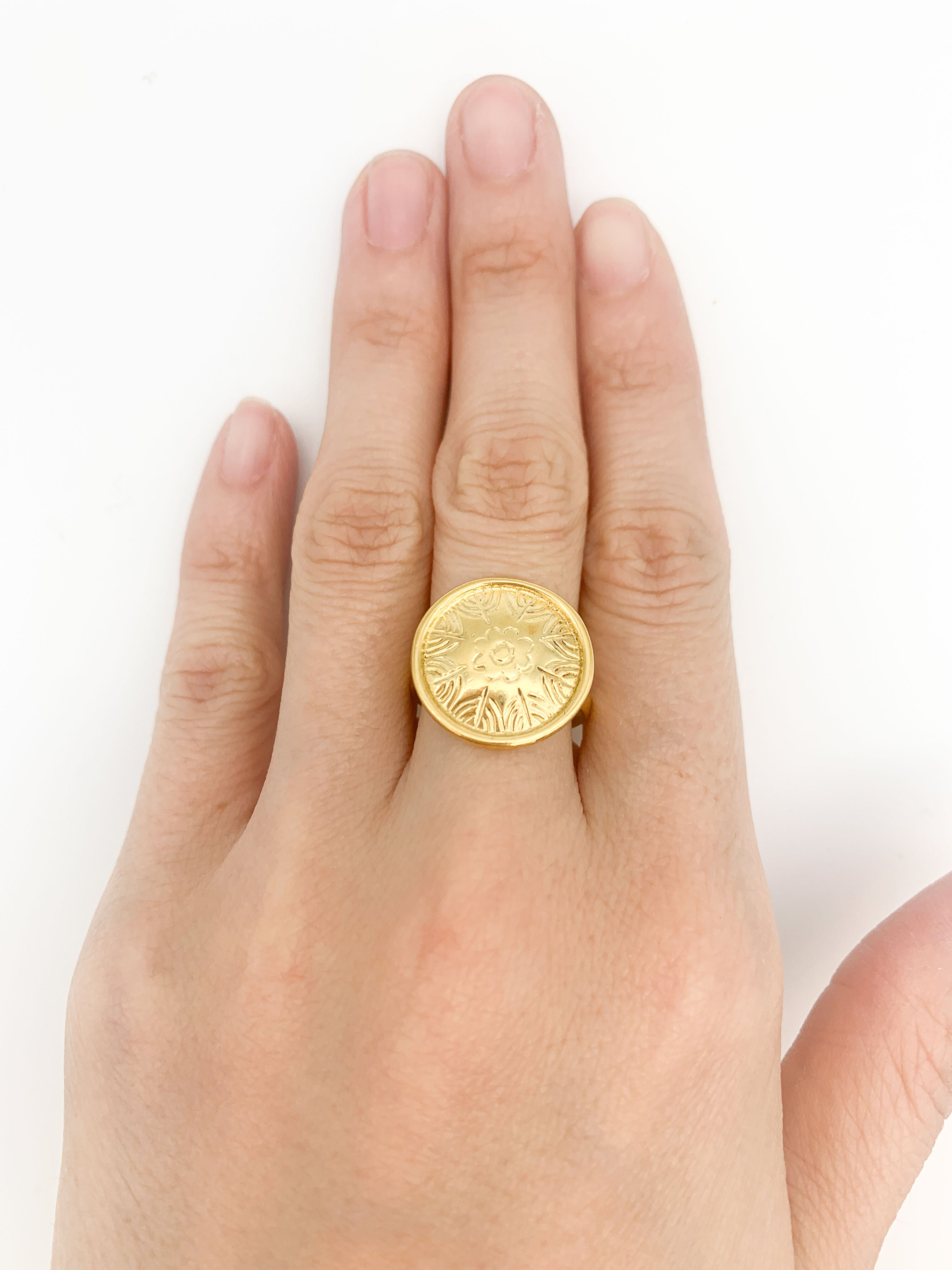Gold Round Ring, Button Ring, Flower Embossed Ring, Stud Ring, Gold Plated Ring, Disc Ring, Badge Ring, Gold Vermeil Ring, Engraved Ring
