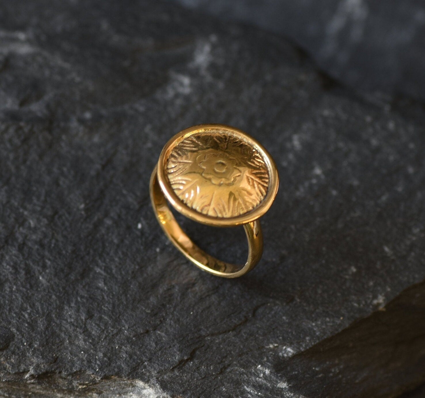Gold Round Ring, Button Ring, Flower Embossed Ring, Stud Ring, Gold Plated Ring, Disc Ring, Badge Ring, Gold Vermeil Ring, Engraved Ring