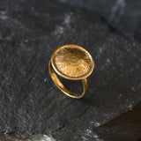 Gold Round Ring, Button Ring, Flower Embossed Ring, Stud Ring, Gold Plated Ring, Disc Ring, Badge Ring, Gold Vermeil Ring, Engraved Ring