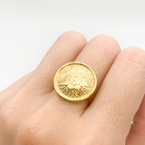 Gold Round Ring, Button Ring, Flower Embossed Ring, Stud Ring, Gold Plated Ring, Disc Ring, Badge Ring, Gold Vermeil Ring, Engraved Ring